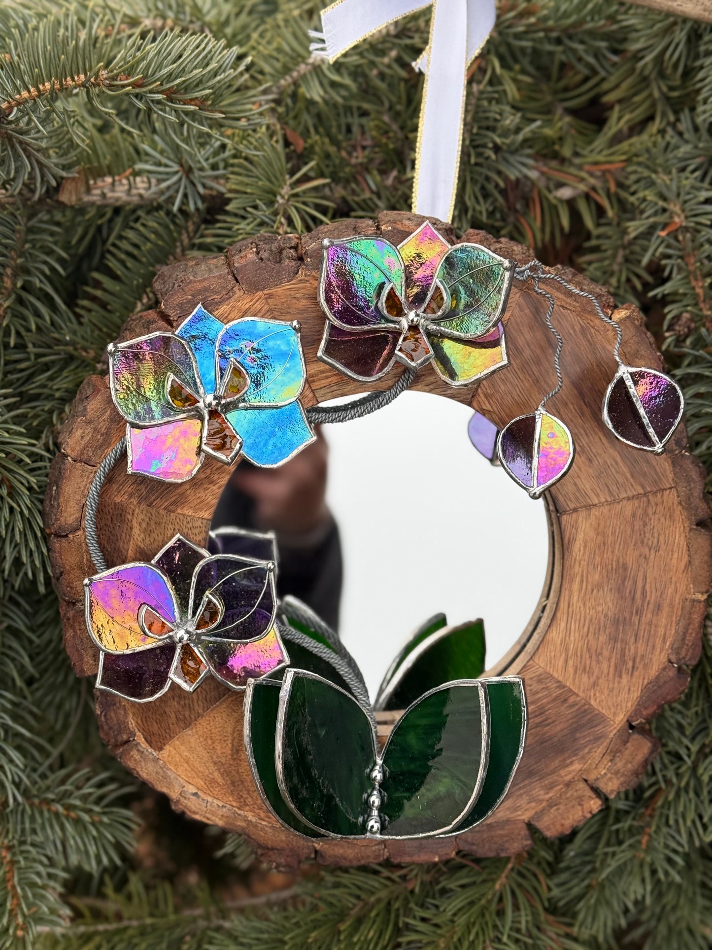 " . Iridescent Butterfly Orchid Mirror”, Stained glass flower Wall decor, Suncatcher, Home wedding Decor, Christmas gift
