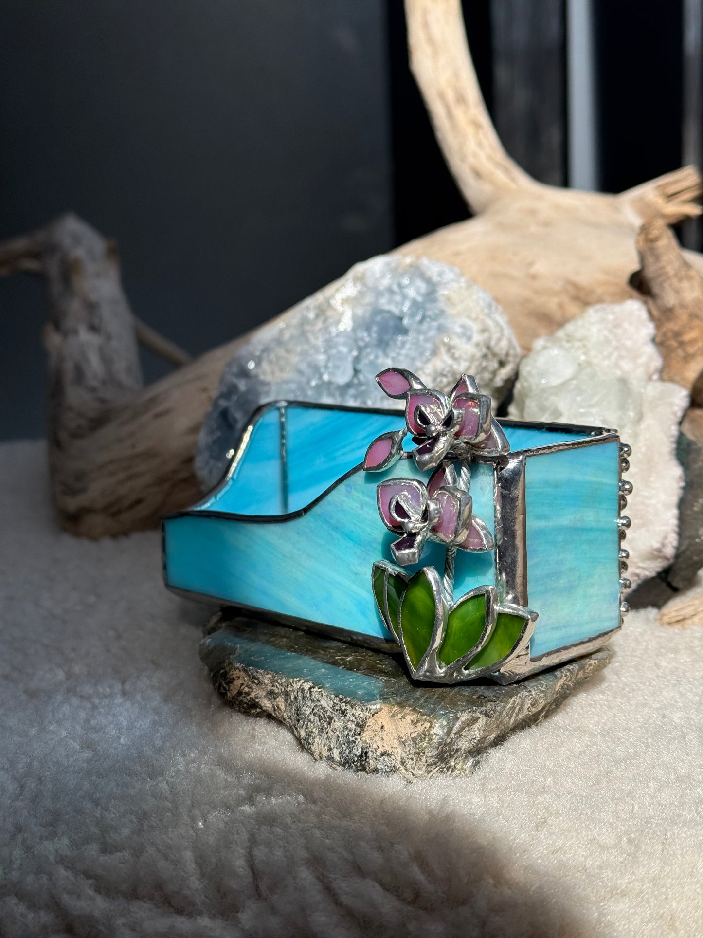 " . CHOOSE COLOR Business Card Holder with orchid”, stained glass art, floral decor, wedding decorations, interior, Mother’s Day gift