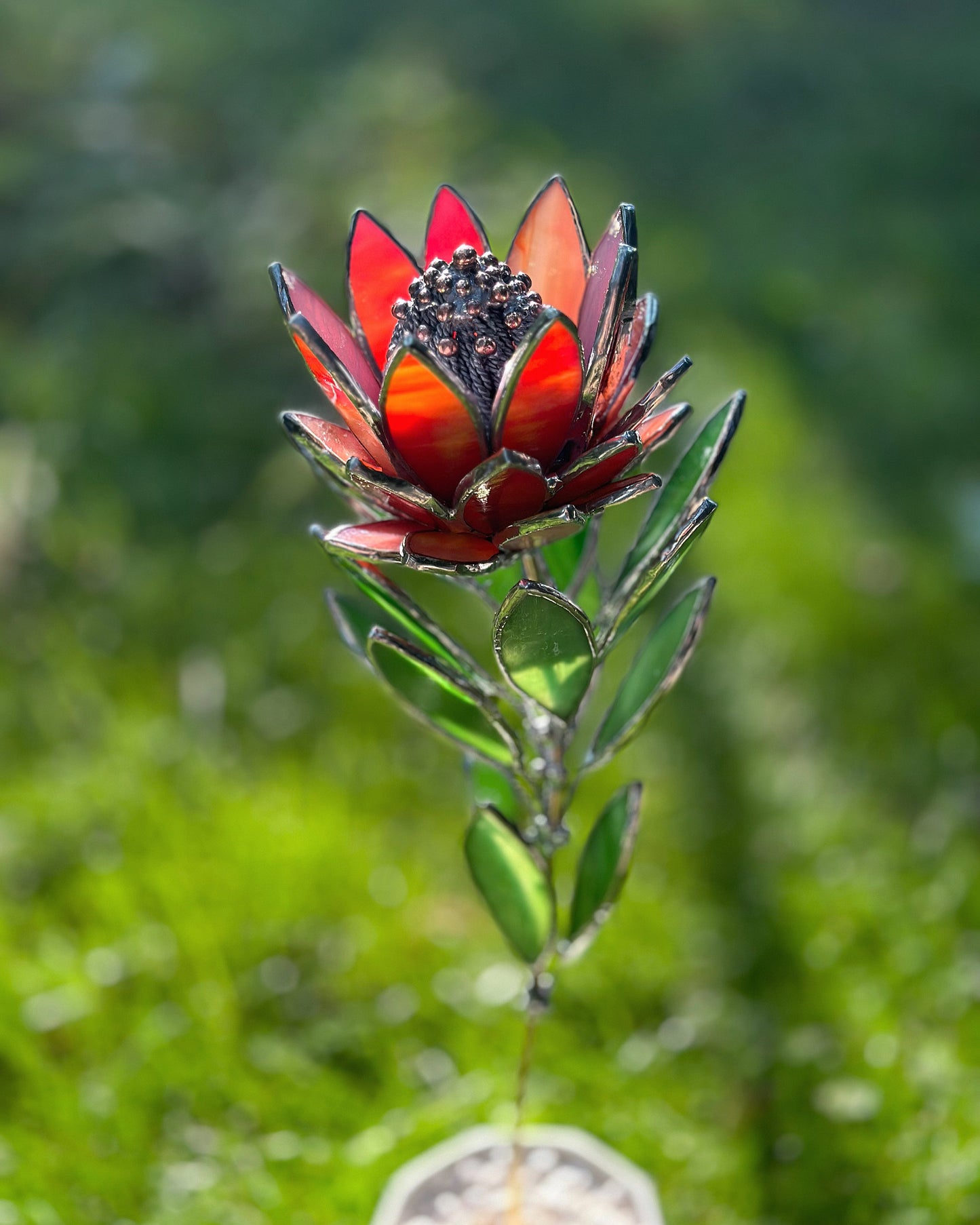 " . Amber&Red irid Protea Stained glass flower in the pot, tropical 3D Sun catcher, Table plant decor, wedding gift