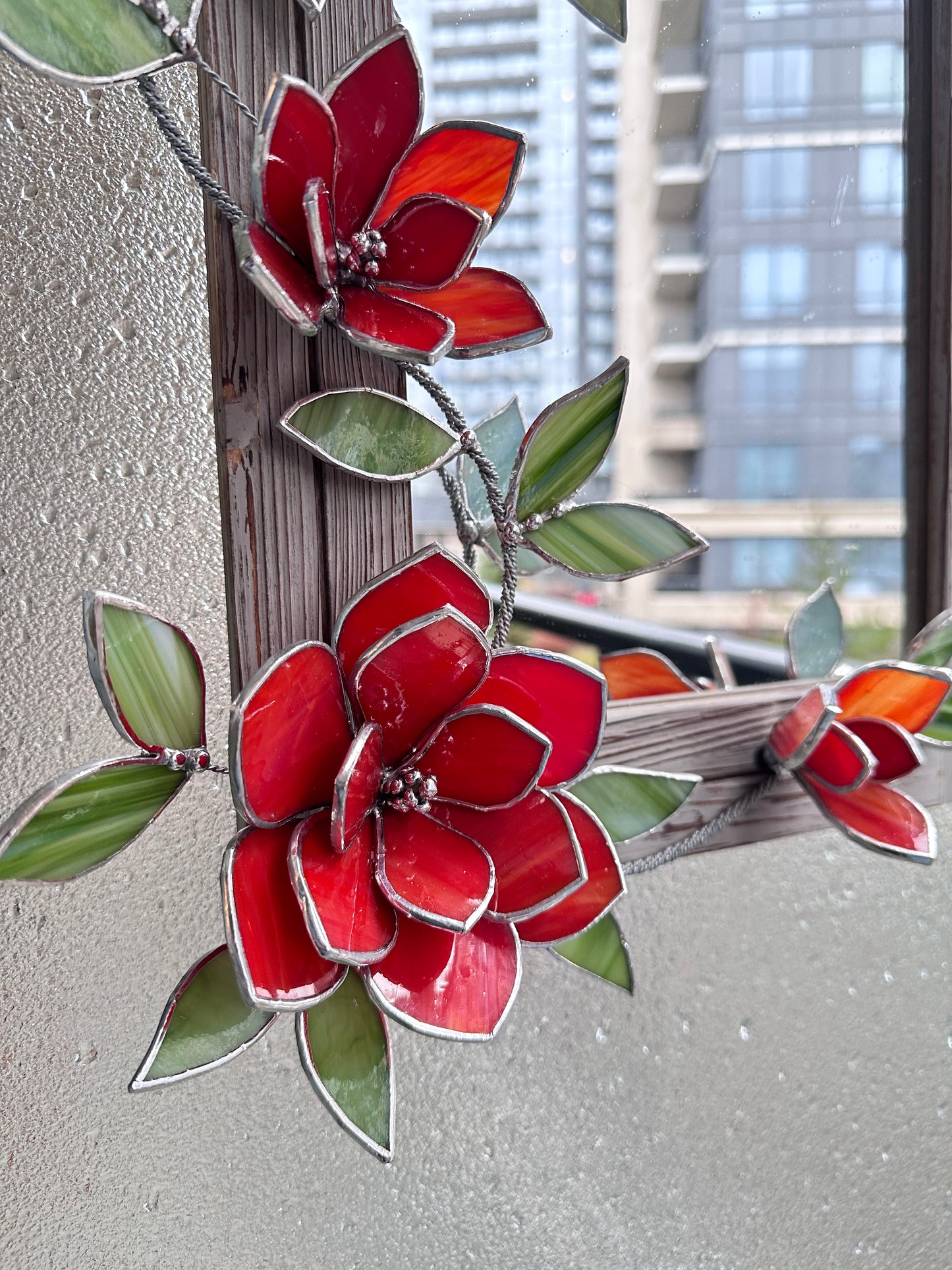 " . Flower Mirror Ruby Red Magnolia, Stained glass Wedding Wall Decor, Christmas gift, Suncatcher