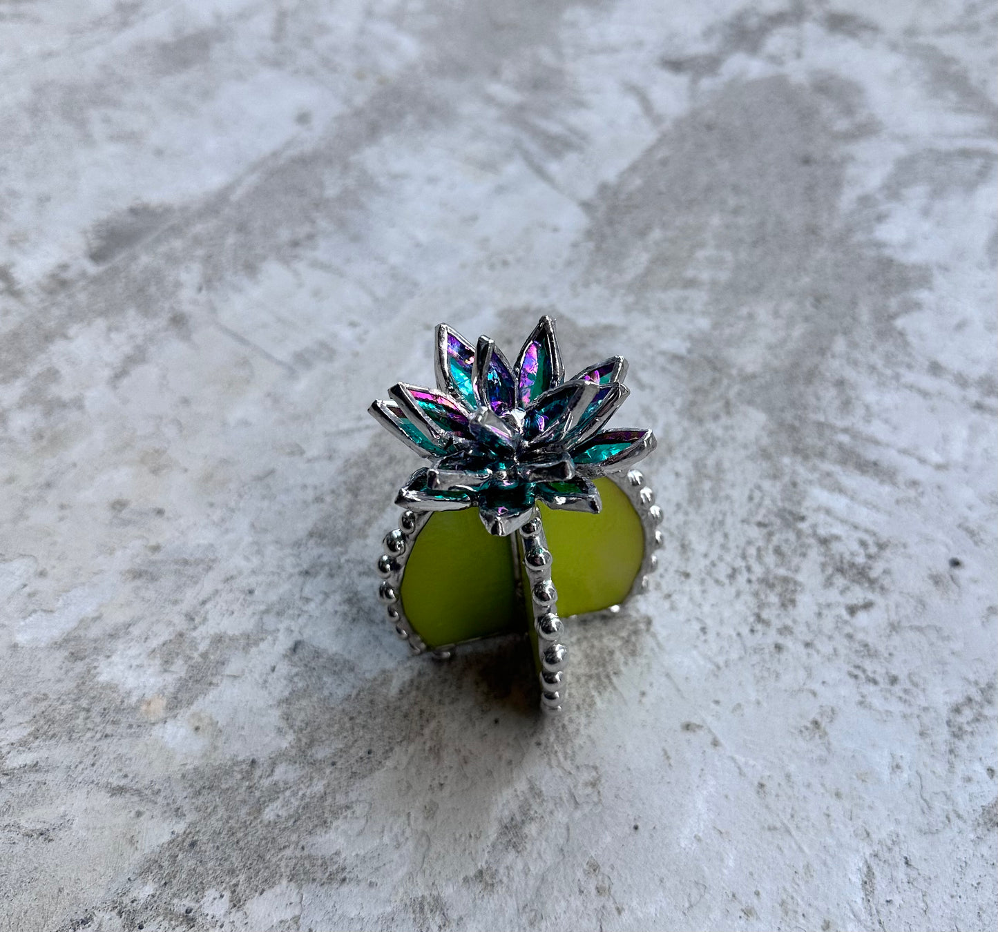 "Cactus turquoise Iridescent M", Stained glass Succulent 3D design, Mother’s Day gift, house plant for flower pot, Sun catcher, glass art