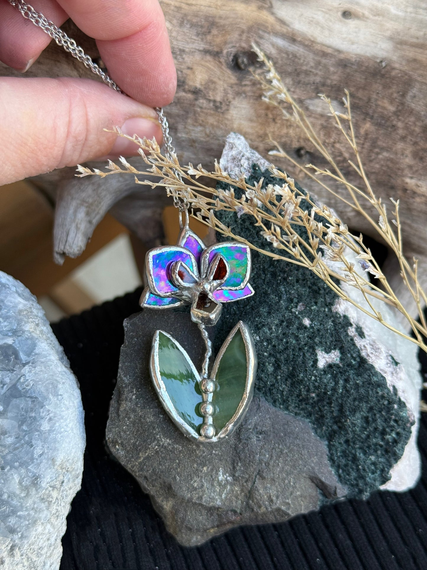 " . CHOOSE COLOR “NECKLACE OR BROOCH orchid flower with leaves” Stained glass tropical flower 3D, art jewelry