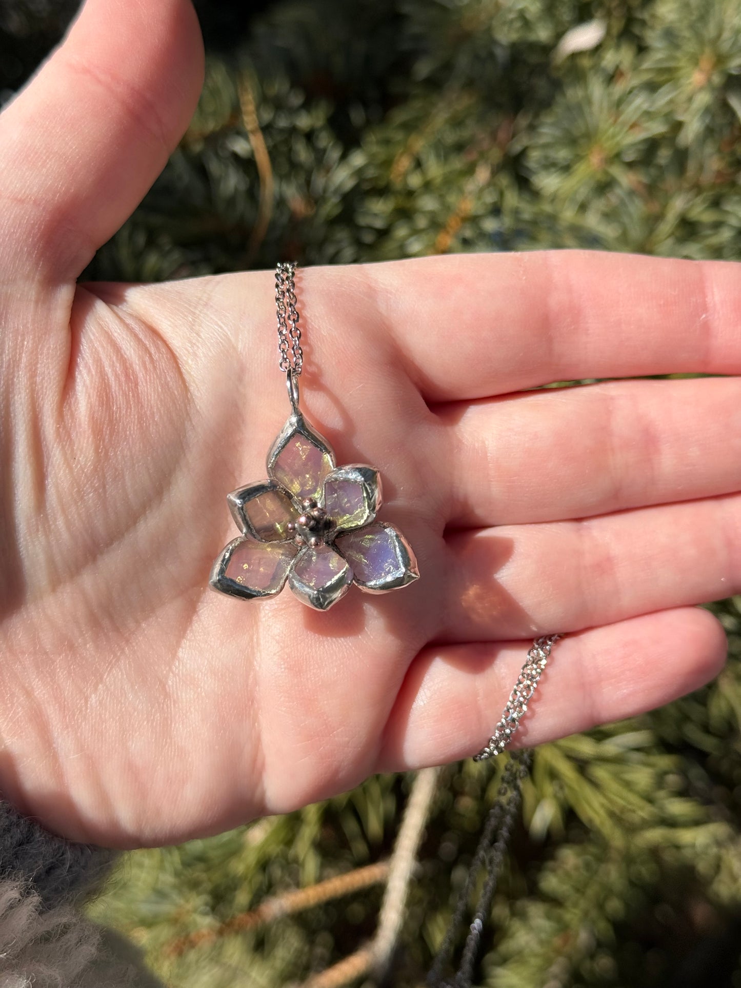 " . Magnolia flower White pearl iridescent Necklace ” Stained glass tropical flower 3D, art jewelry