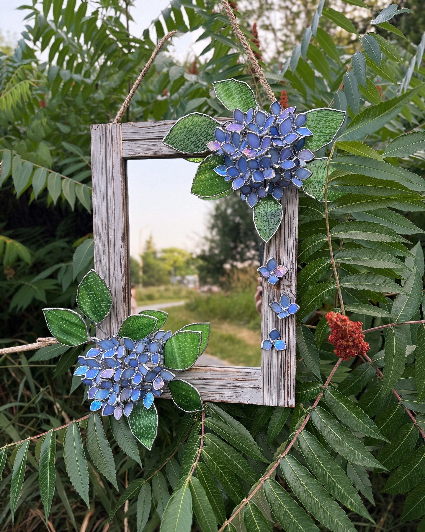 " . Amethyst Blue lavender iridescent Hydrangea Flower Mirror, Stained glass Wedding Wall Decor, Christmas gift, Suncatcher