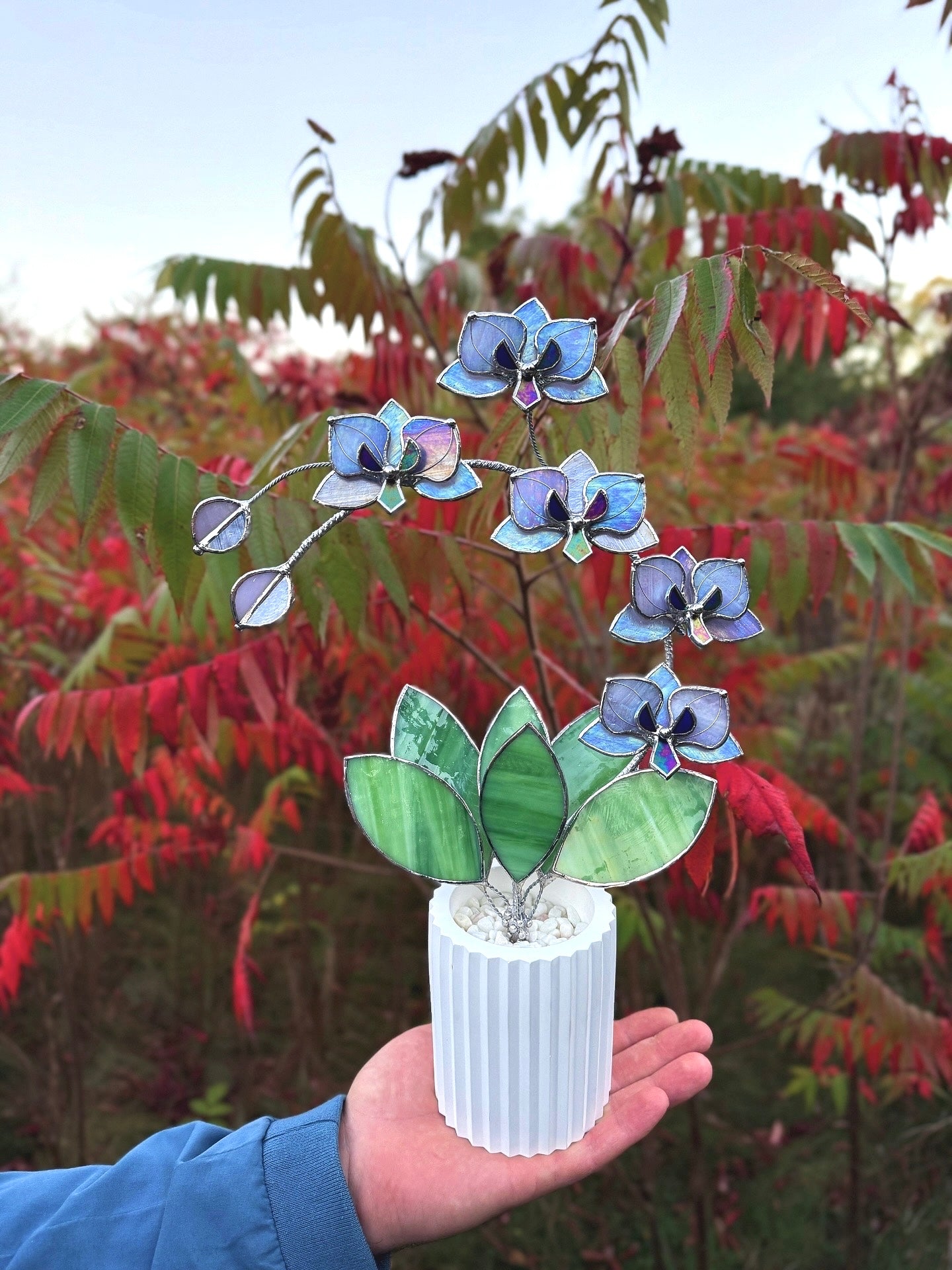 " .  Lavender iridescent Orchid 5 flowers with pot" Stained glass tropical flower 3D, Sun catcher, Table plant