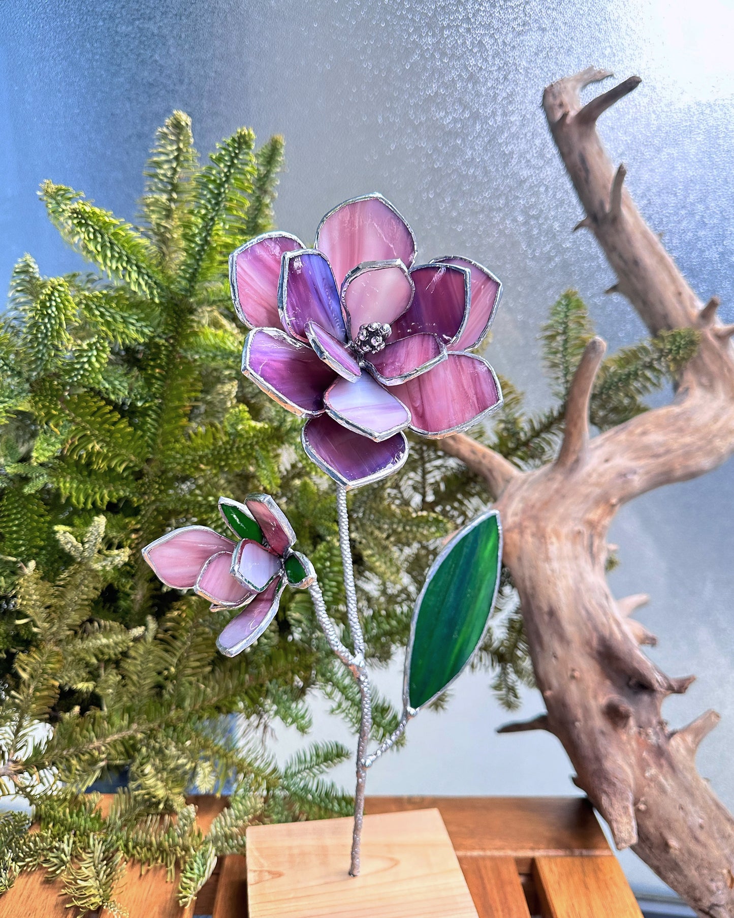 ". Magnolia Pink-Purple flower with a bud" Stained glass tropical 3D, Sun catcher, Table plant decor, Garden stake, wedding decor, Christmas gift, pot