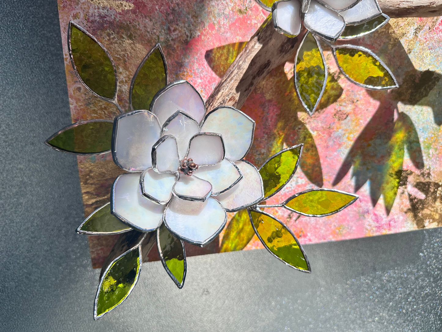 ". Acrylic painting ‘Spring Magnolia’ with stained glass 3D flowers, Wall decor, Wedding, Christmas gift