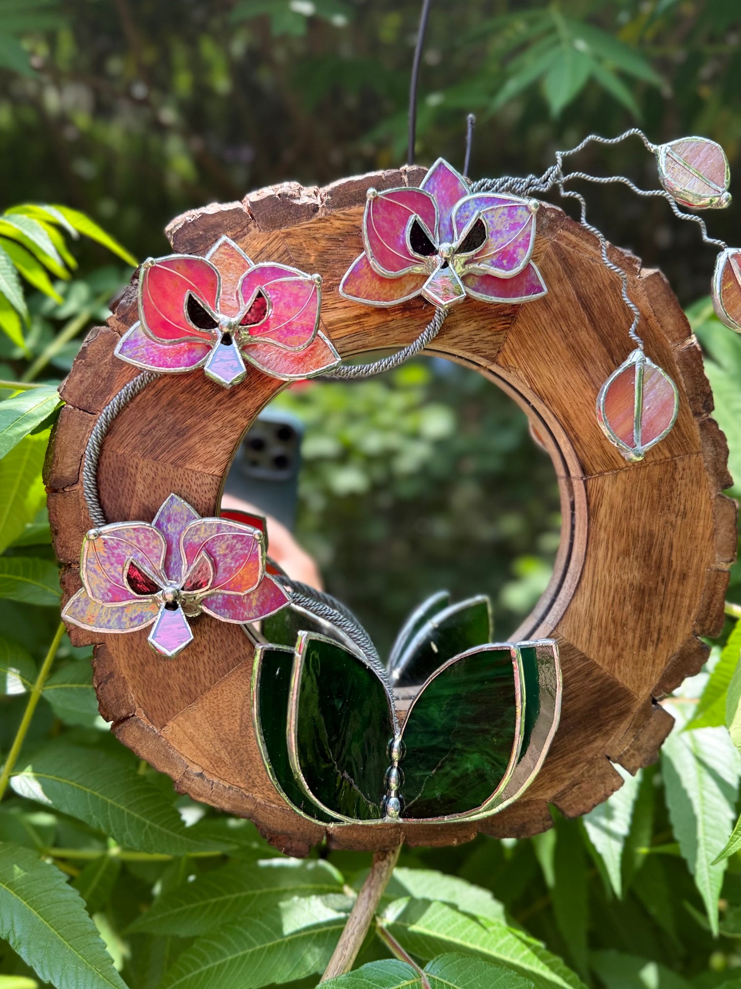 " . Berry red iridescent Orchid Mirror" Stained glass flower Wall decor. Sun catcher Wooden frame Home wedding Decor Art. Christmas gift