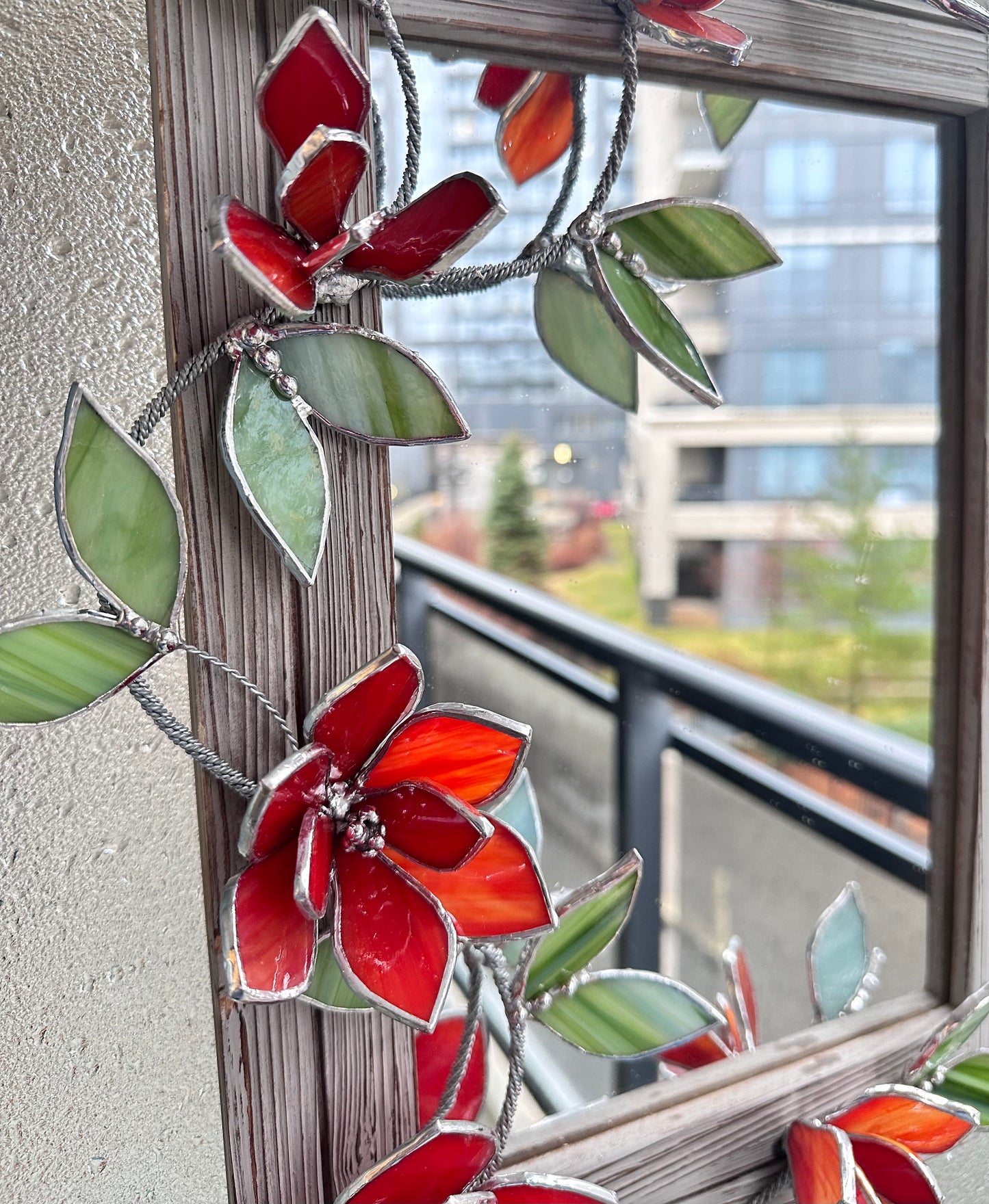 " . Flower Mirror Ruby Red Magnolia, Stained glass Wedding Wall Decor, Christmas gift, Suncatcher