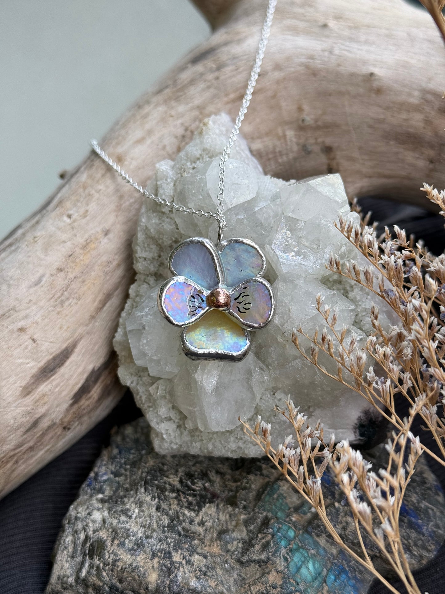 " . Pansy Lavender irid & Yellow irid Necklace” Stained glass tropical flower 3D, art jewelry