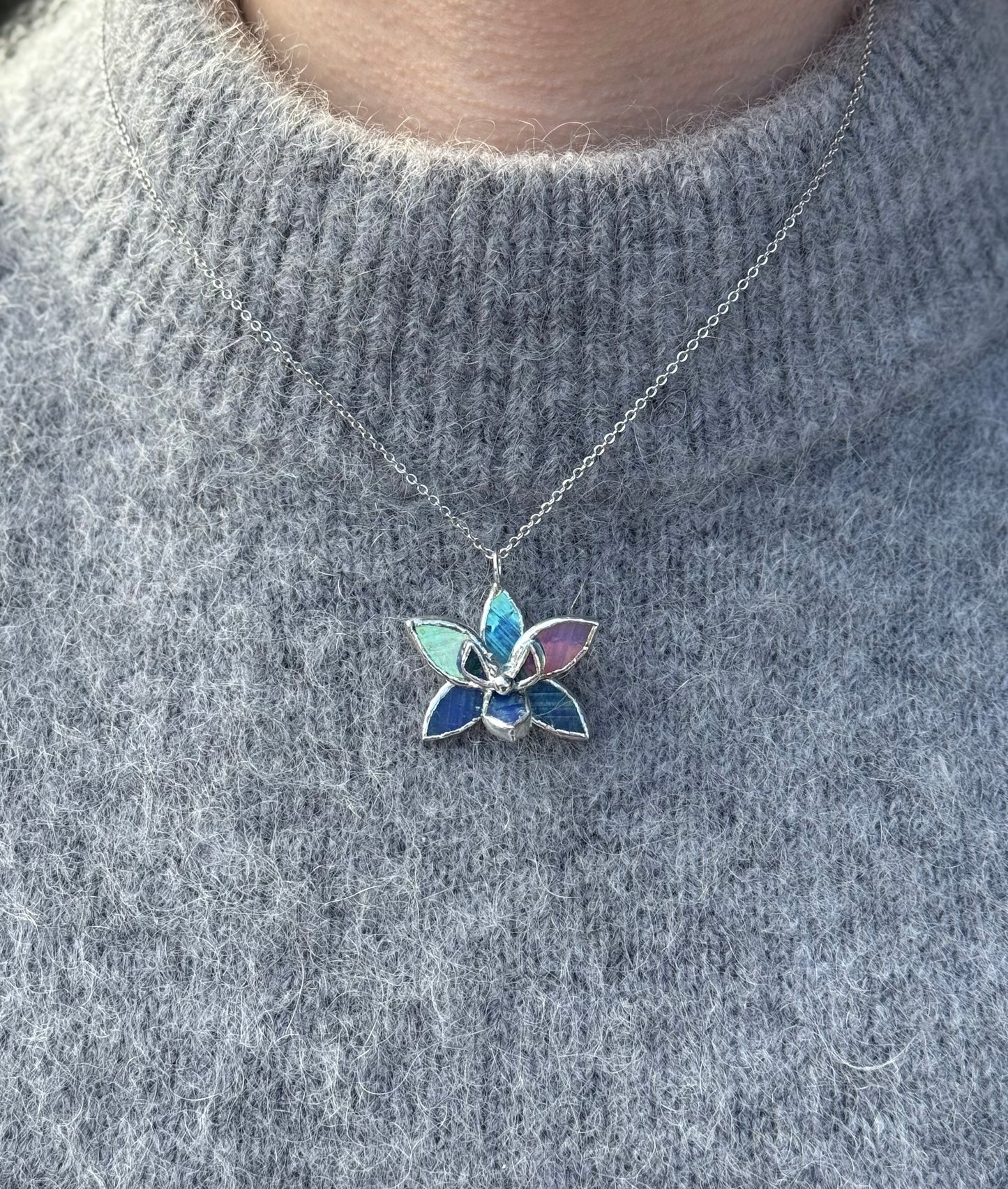 " . Necklace Tropical Orchid Lilac irid” Stained glass tropical flower 3D, art jewelry