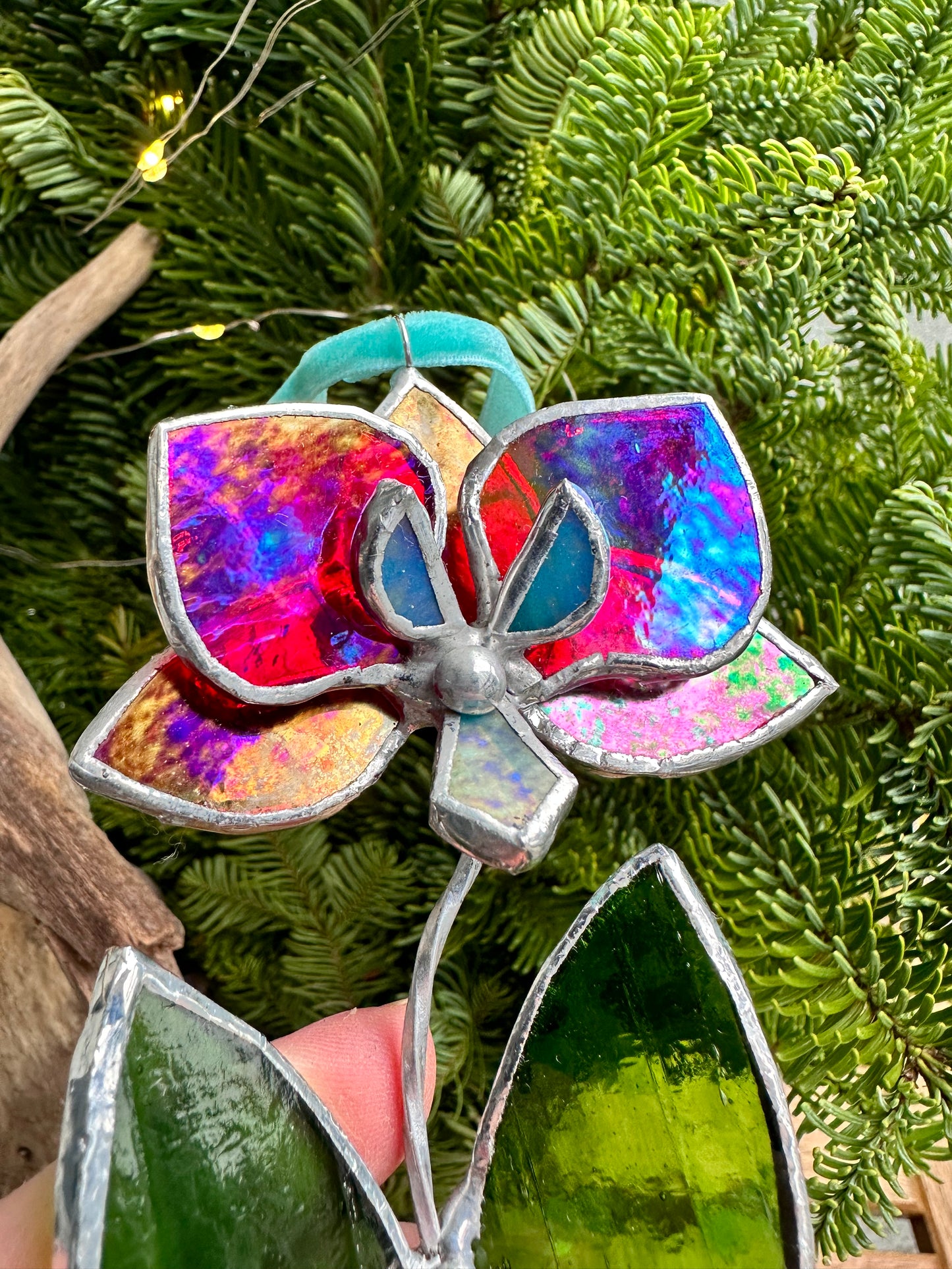 Christmas tree ornament Orchid Red iridescent. Set of 1, 3, 5, 7, 10. Stained glass Wall window decor, holiday decorations, lights