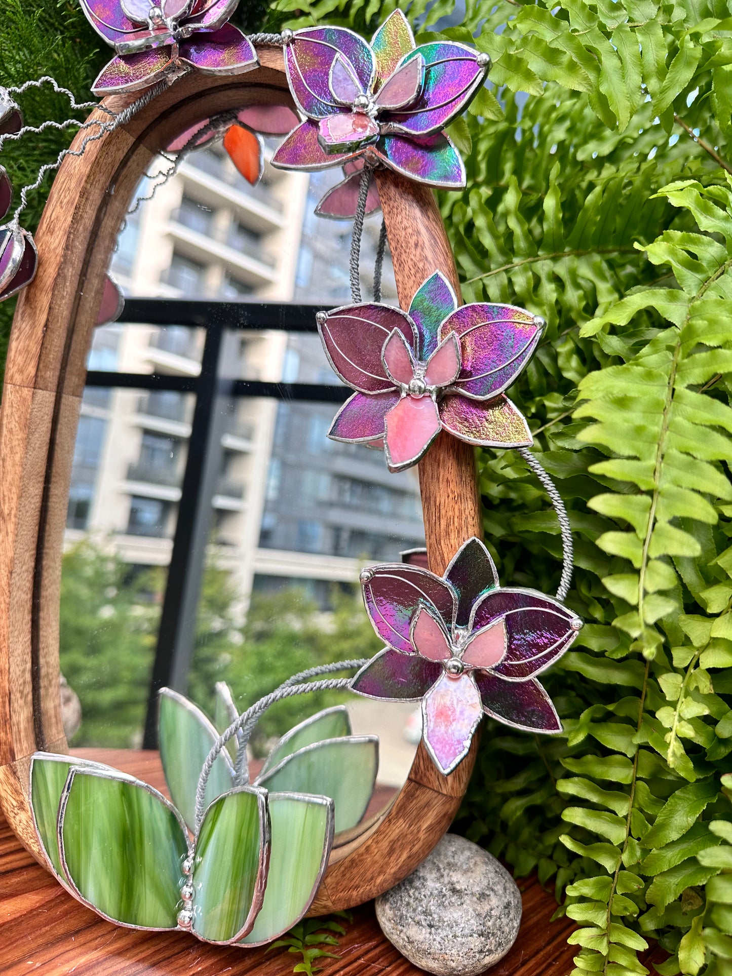 " .Butterfly Mauve iridescent Orchid Mirror”, Stained glass flower Wall decor, Suncatcher, Home wedding Decor, Christmas gift