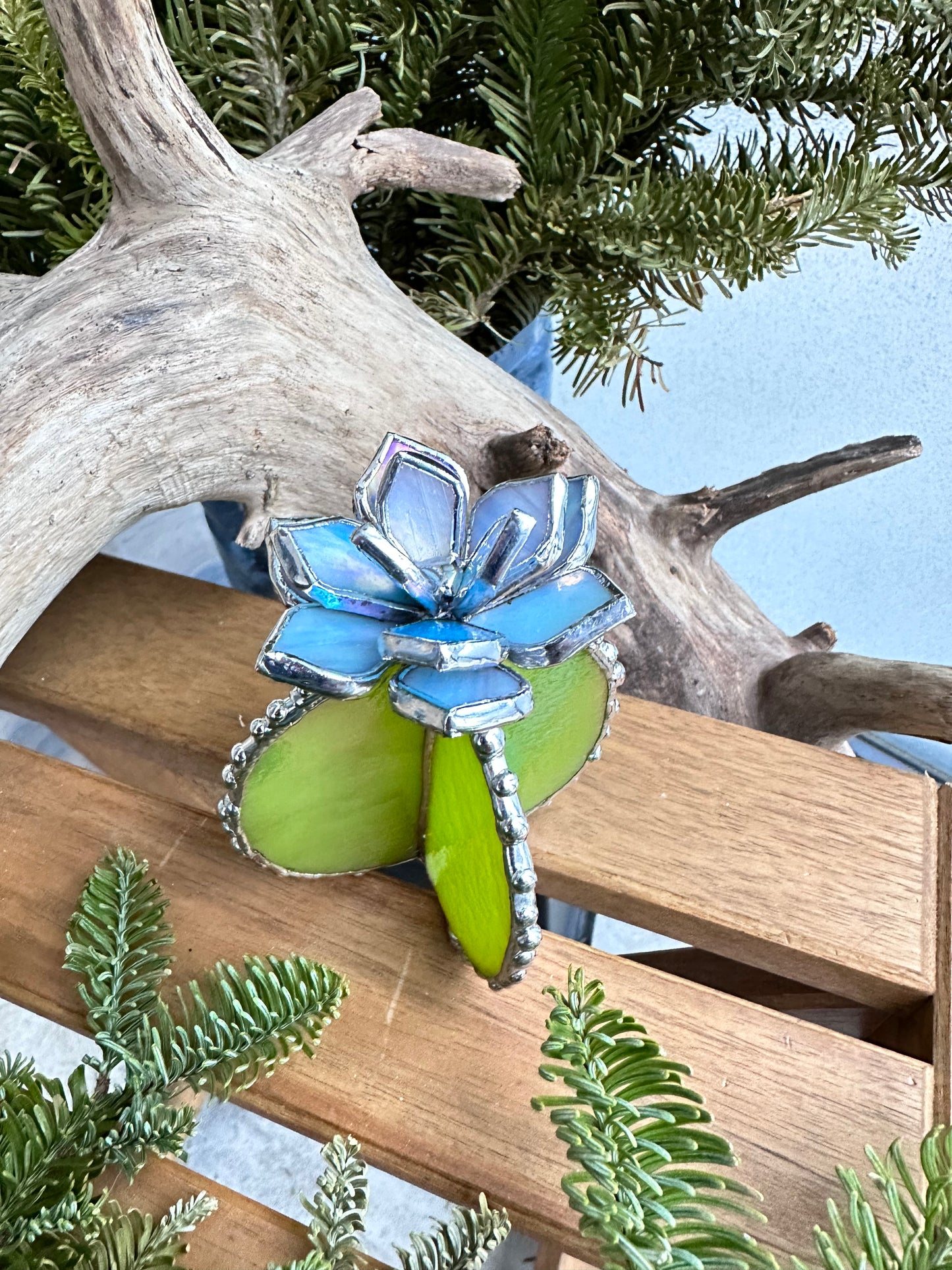 "Cactus XL Sky Blue Iridescent& Green Iridescent ", Stained glass, Succulent 3D Cacti house plant for flower pot Sun catcher glass art wedding