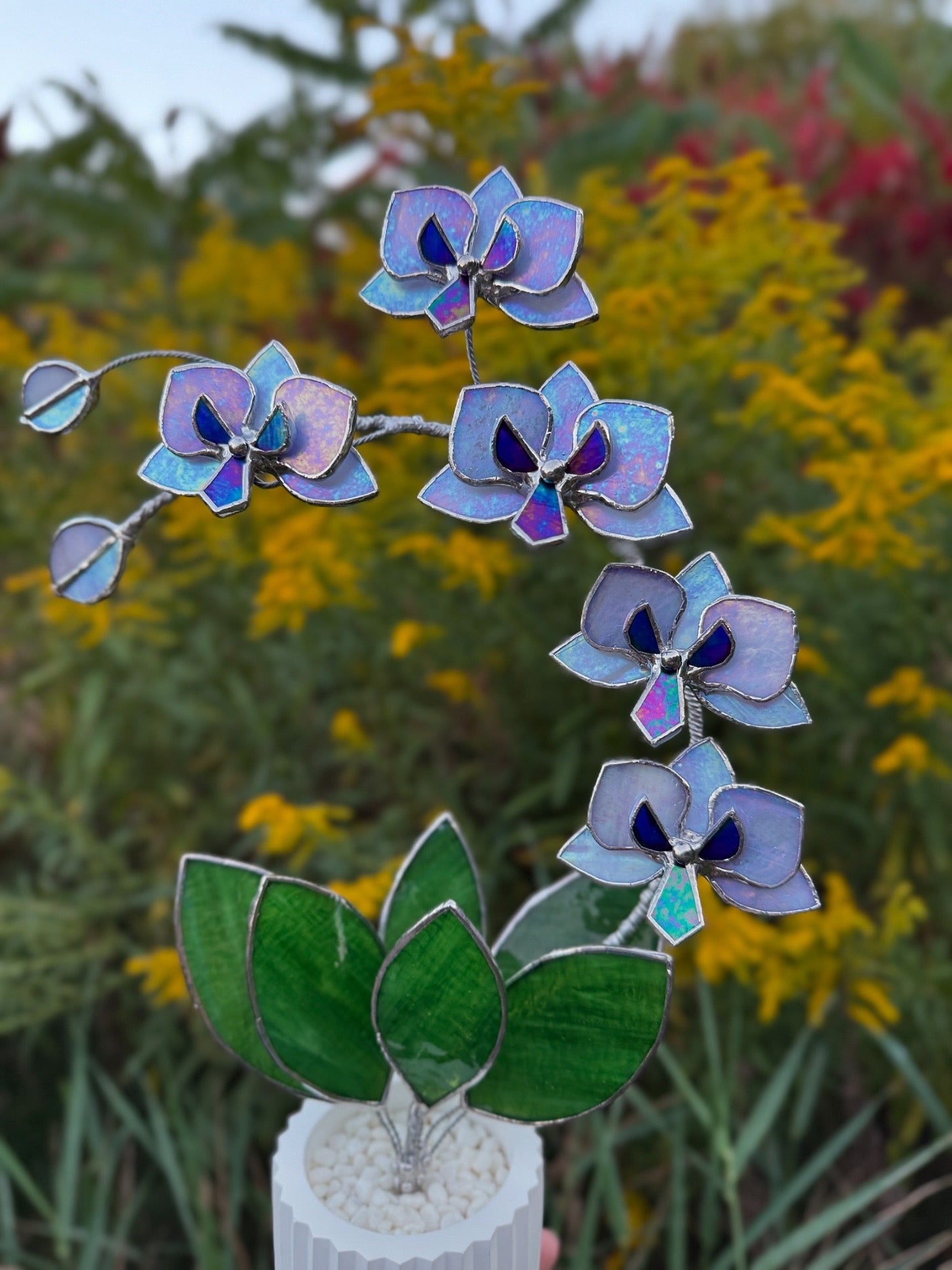 " .  Lavender iridescent Orchid 5 flowers with pot" Stained glass tropical flower 3D, Sun catcher, Table plant