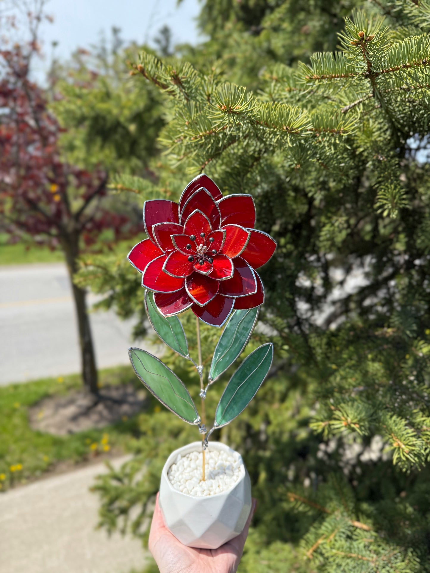 .Amber Red Peony Stained glass flower 3D Botanical Table Plant Decor new