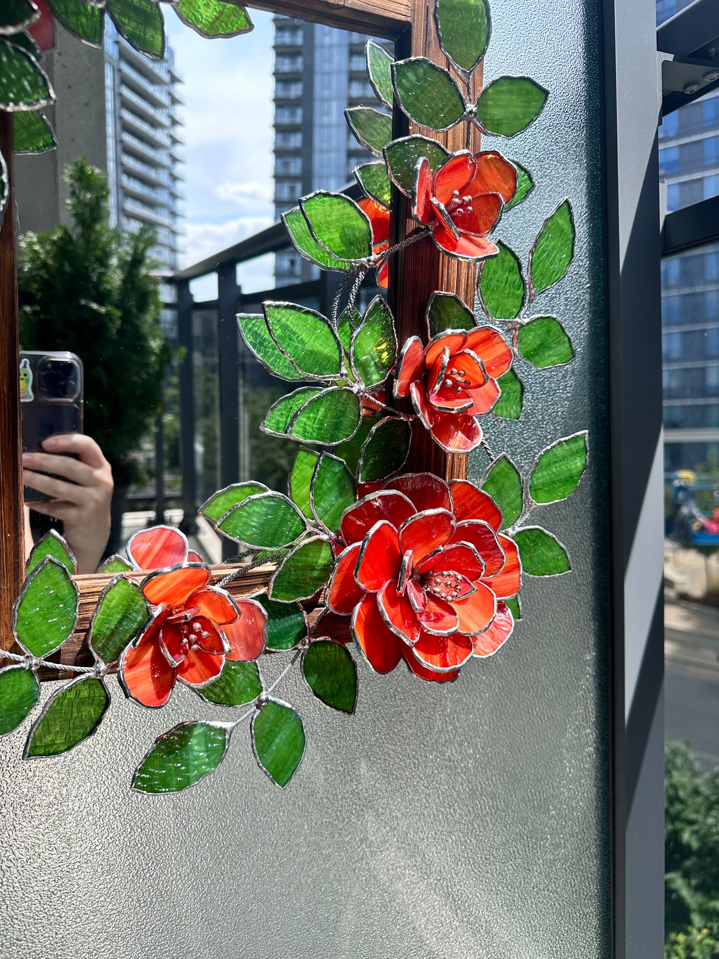 " .Flower Mirror Red Roses, Stained glass Wedding Wall Decor Christmas gift, Suncatcher, available