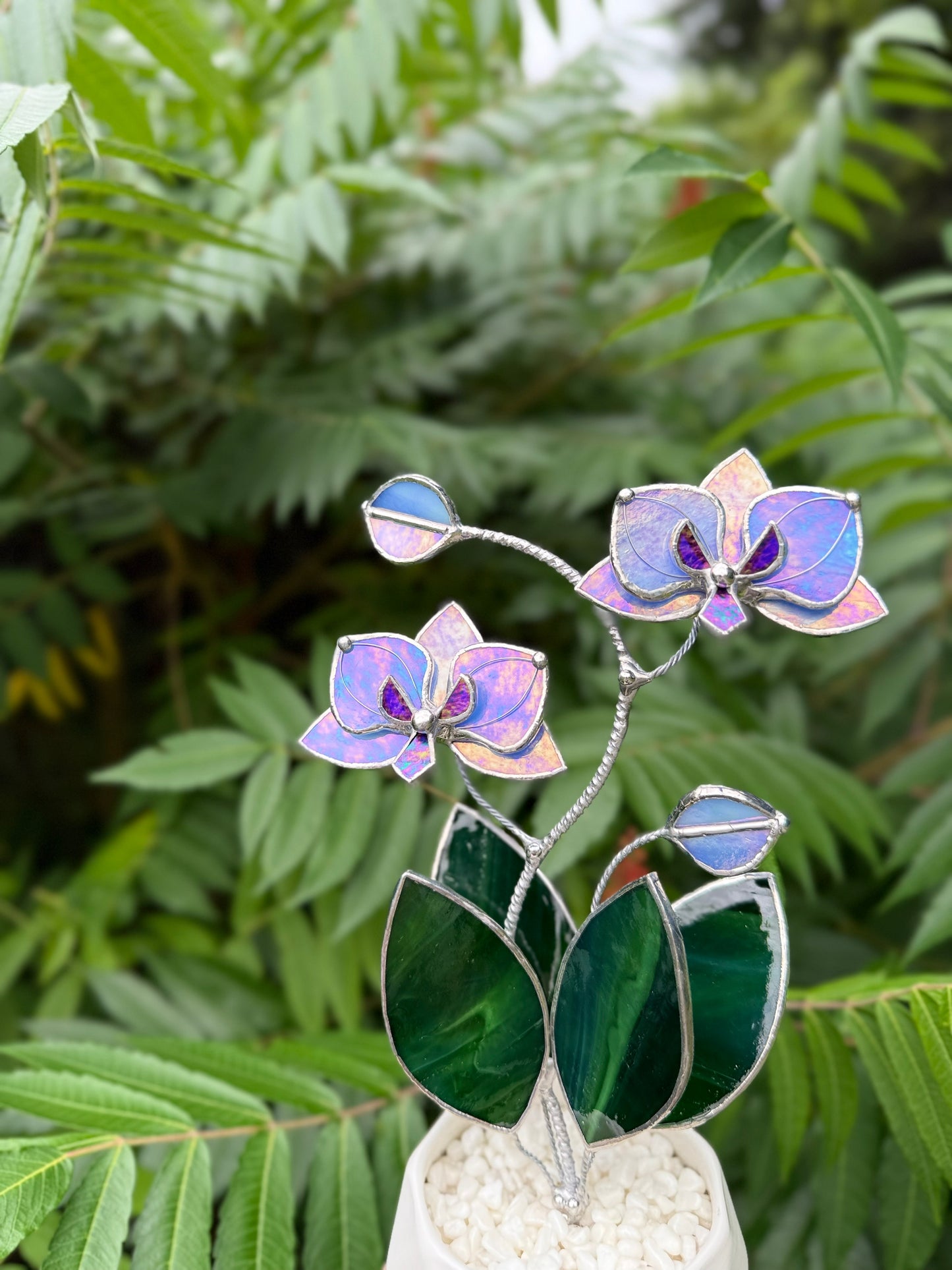 " . Blue Lavender Orchid, 2 flowers with pot” Stained glass tropical flower 3D, Suncatcher, Table plant decor