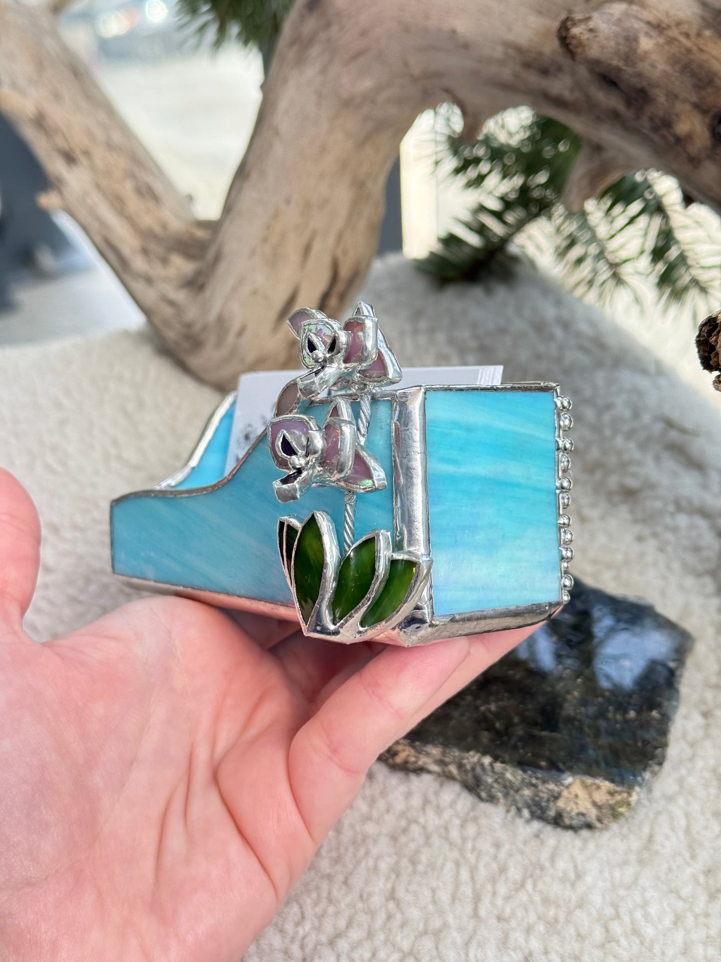 " . CHOOSE COLOR Business Card Holder with orchid”, stained glass art, floral decor, wedding decorations, interior, Mother’s Day gift