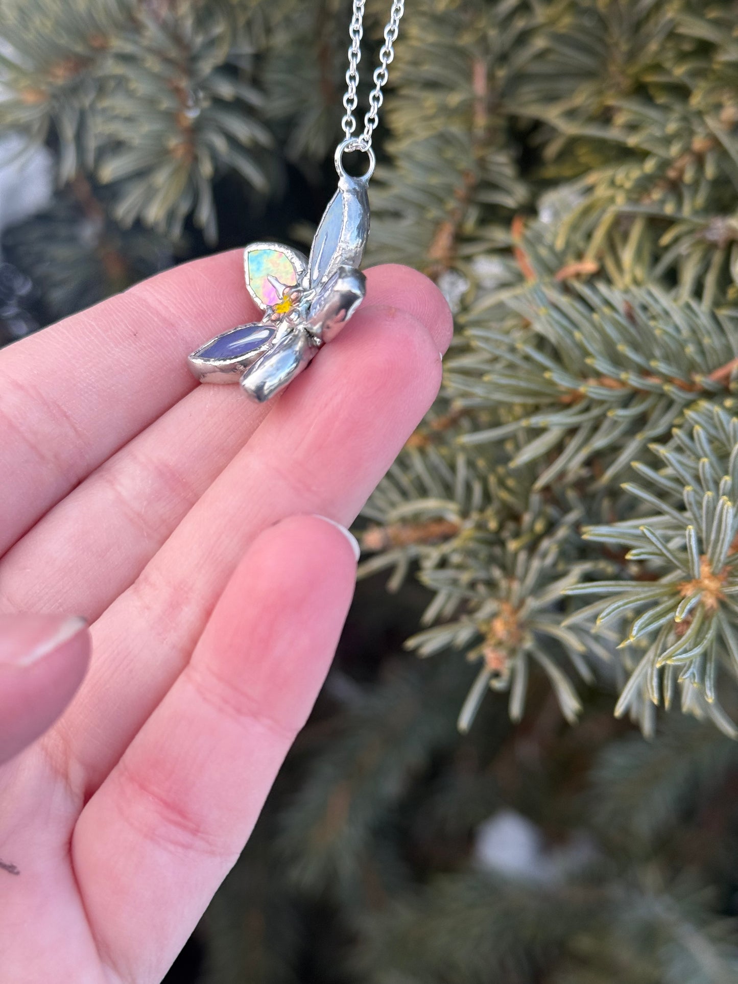 " . Necklace Forget Me Not flower Lavender iridescent Stained glass , Modern art, jewelry