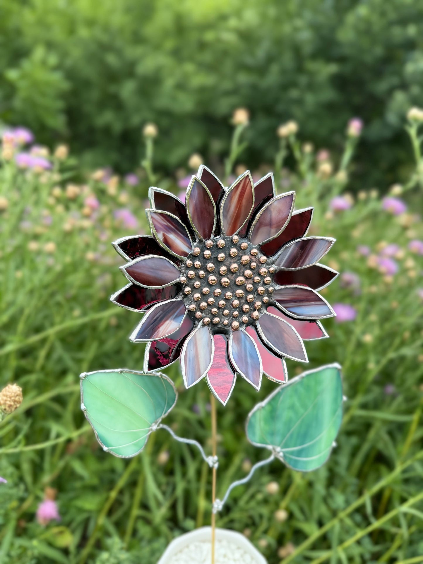 " . Sunflower Marble grey & purple silver oat", stained glass tropical flower 3D, Sun catcher, Table plant decor, Garden stake, Outdoor and gardening, wedding Christmas gift