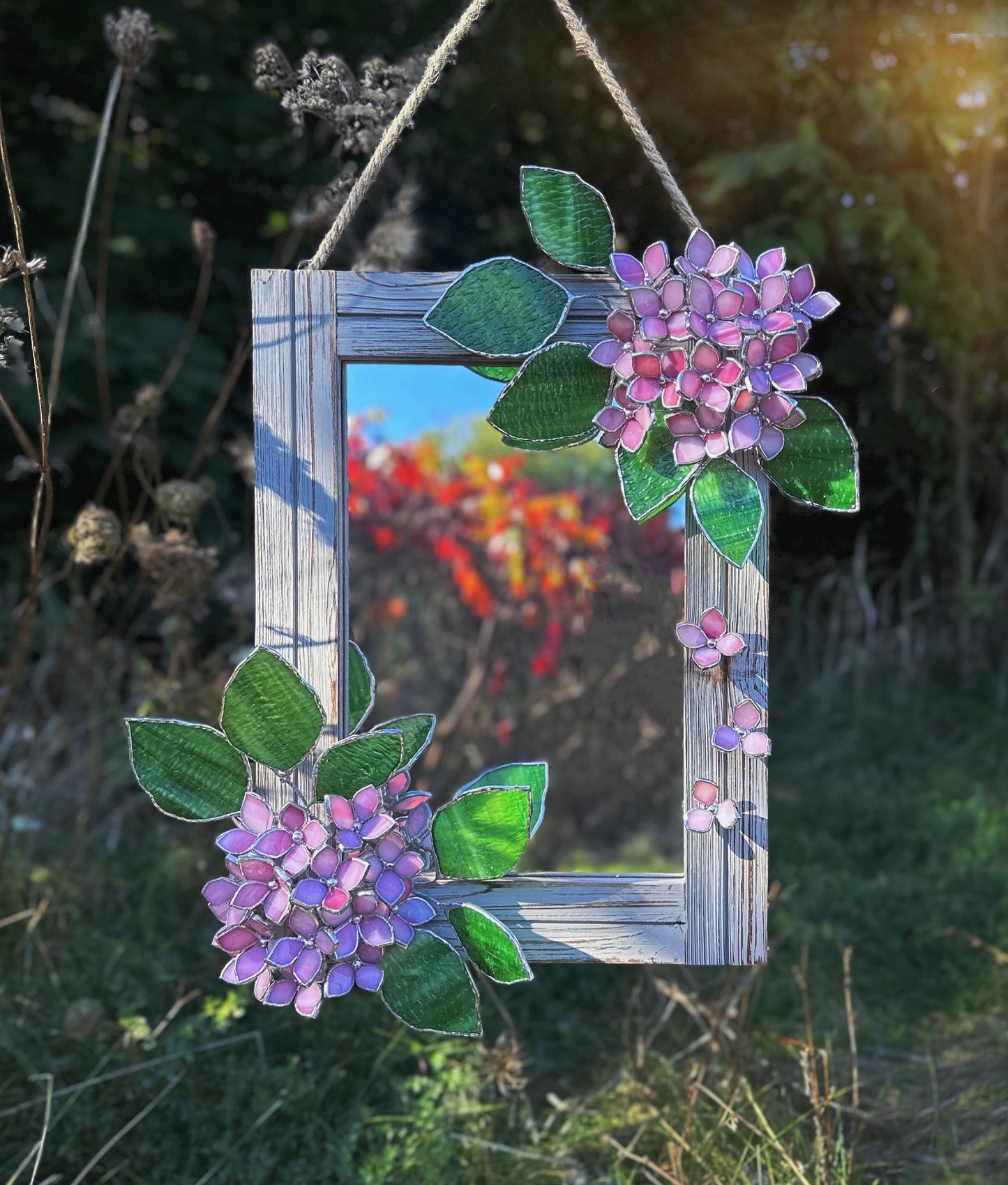 " . Pink Hydrangea Flower Mirror , Stained glass Wedding Wall Decor, Christmas gift, Suncatcher, available