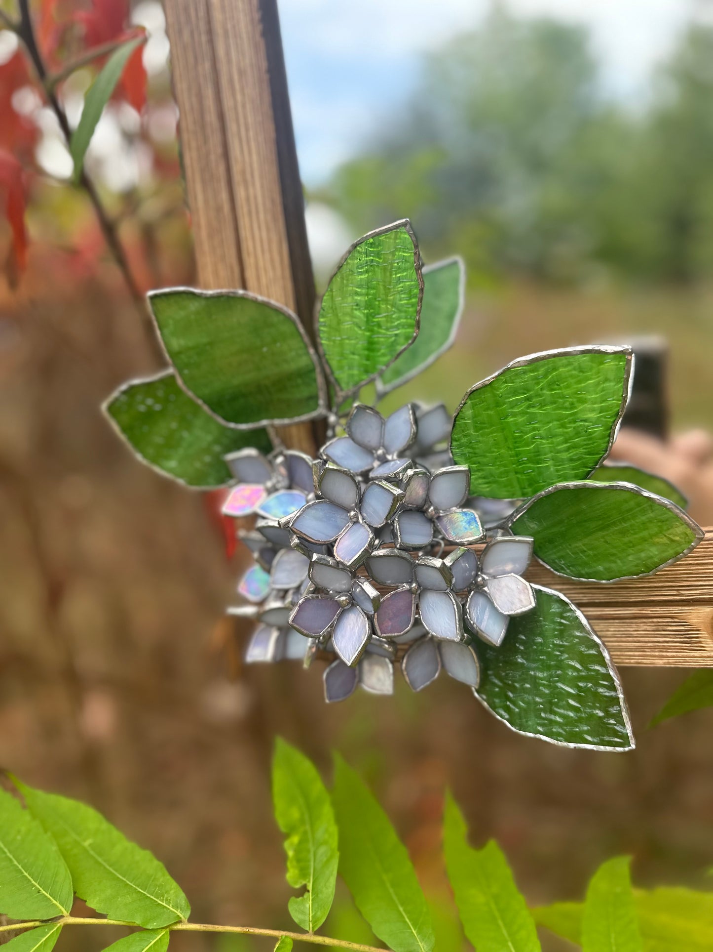 " . Lavender light blue iridescent Hydrangea Flower Mirror, Stained glass Wedding Wall Decor, Christmas gift, Suncatcher