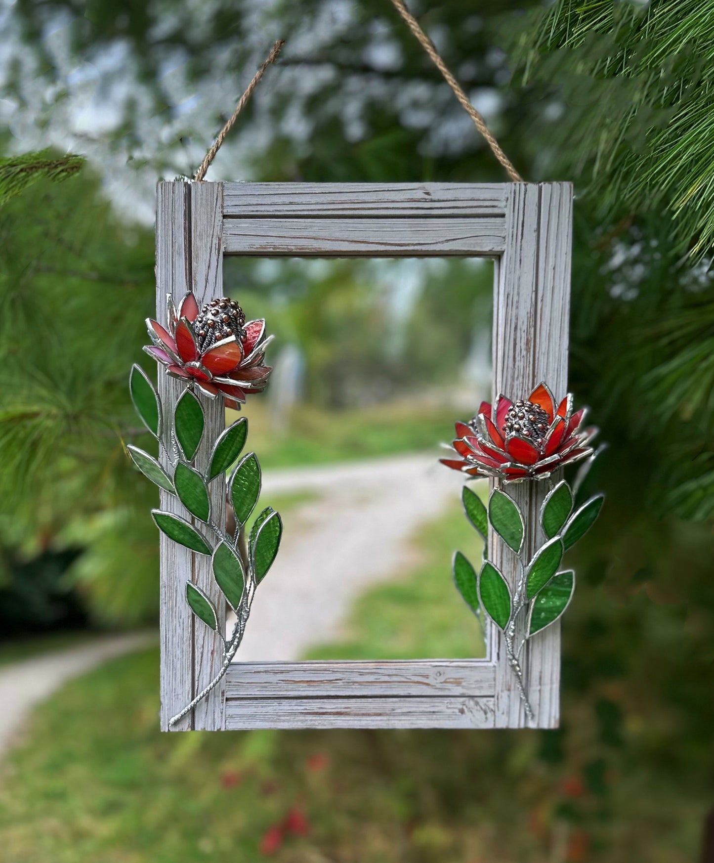 " . Red iridescent Protea Flower Mirror, Stained glass Wedding Wall Decor, Christmas gift, Suncatcher, available sale