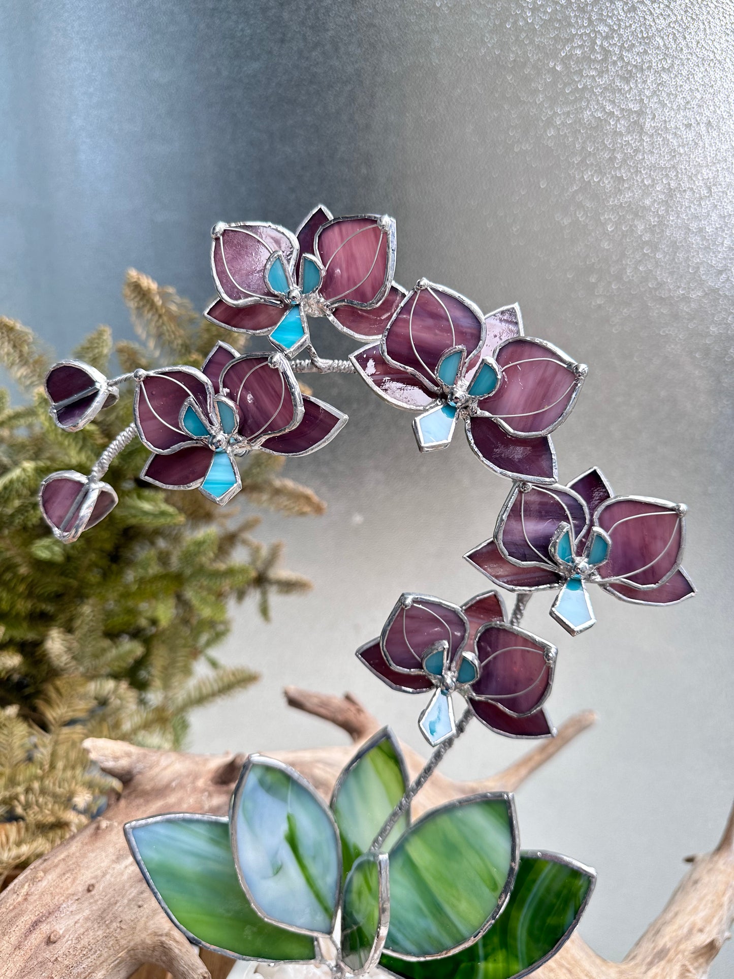 ". Stained glass Orchid Reach Elderberry with pot, 5 flowers, Suncatcher 3D, plant, Wedding Christmas Gift Outdoor and gardening decor