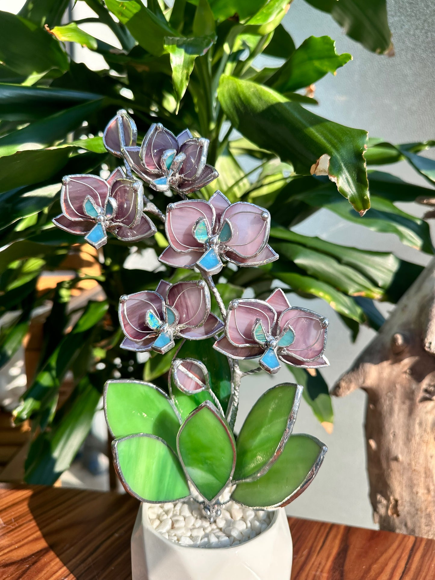 " . CHOOSE COLOR Orchid 5 flowers with pot”, Stained glass tropical flower 3D, Sun catcher, Table plant, Garden stick, Outdoor and gardening decor