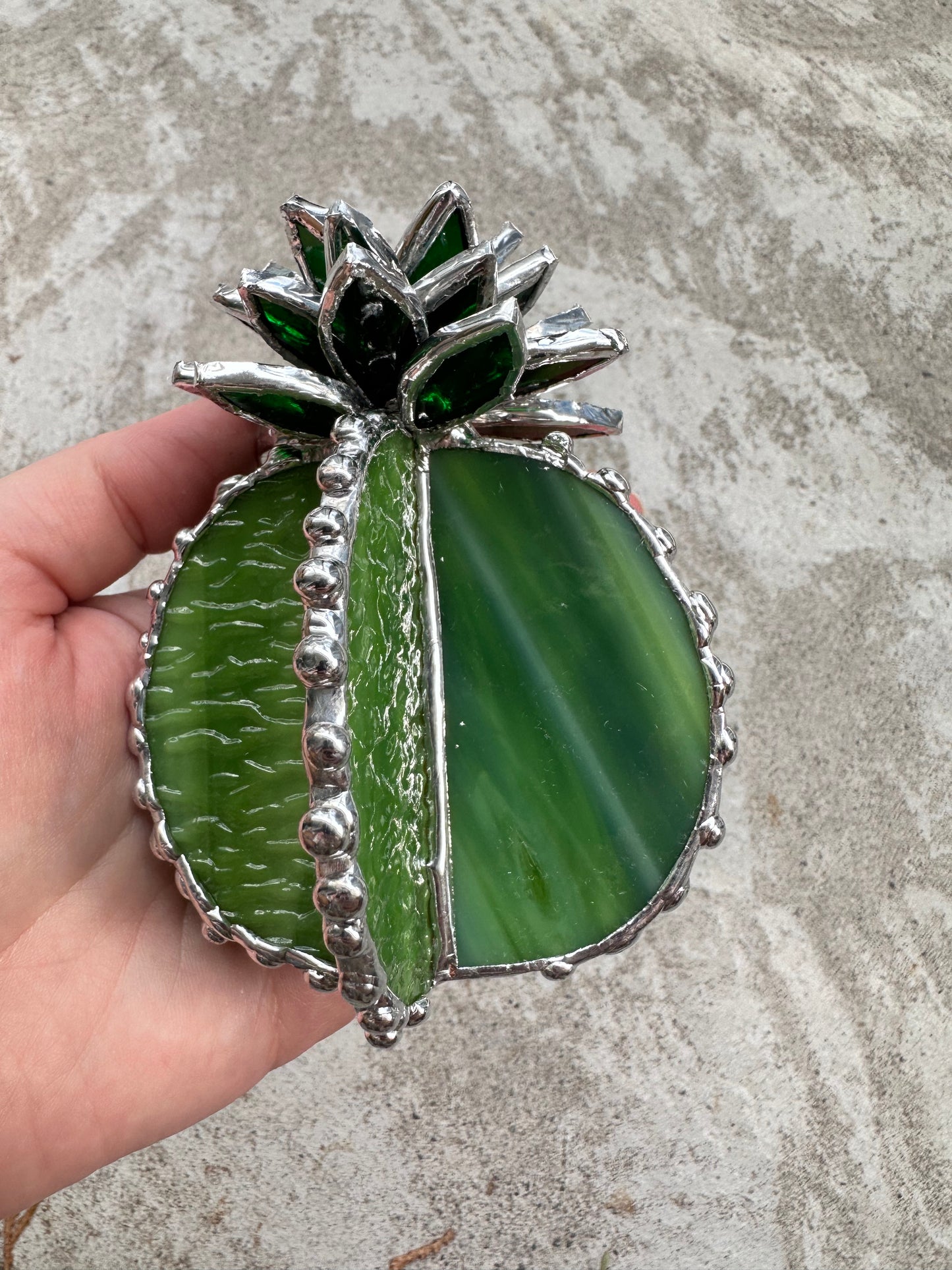 "Cactus Iridescent Green XL" Stained glass, Succulent 3D design, Mother’s Day gift, house plant for flower pot, Sun catcher, glass art