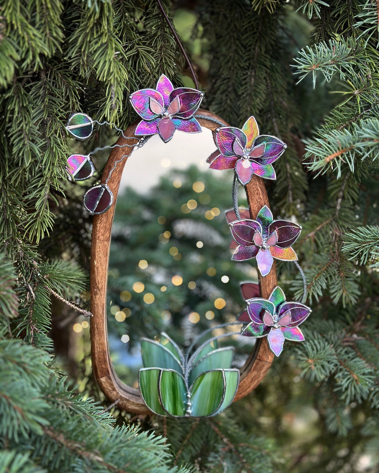 " .Butterfly Mauve iridescent Orchid Mirror”, Stained glass flower Wall decor, Suncatcher, Home wedding Decor, Christmas gift