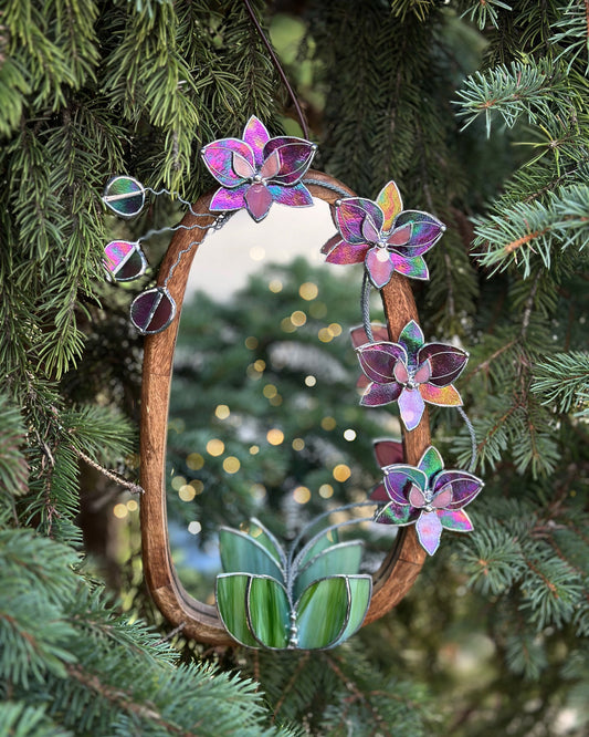 " .Butterfly Mauve iridescent Orchid Mirror”, Stained glass flower Wall decor, Suncatcher, Home wedding Decor, Christmas gift