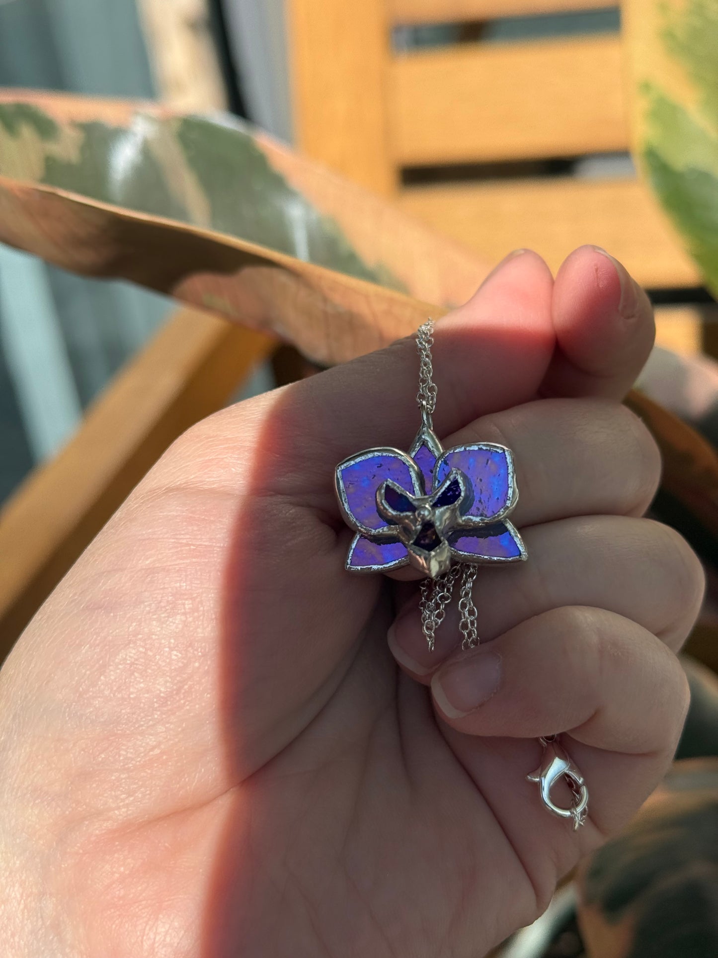 Blue lavender Orchid Irid, Stained Glass Necklace Handmade Botanical Jewelry