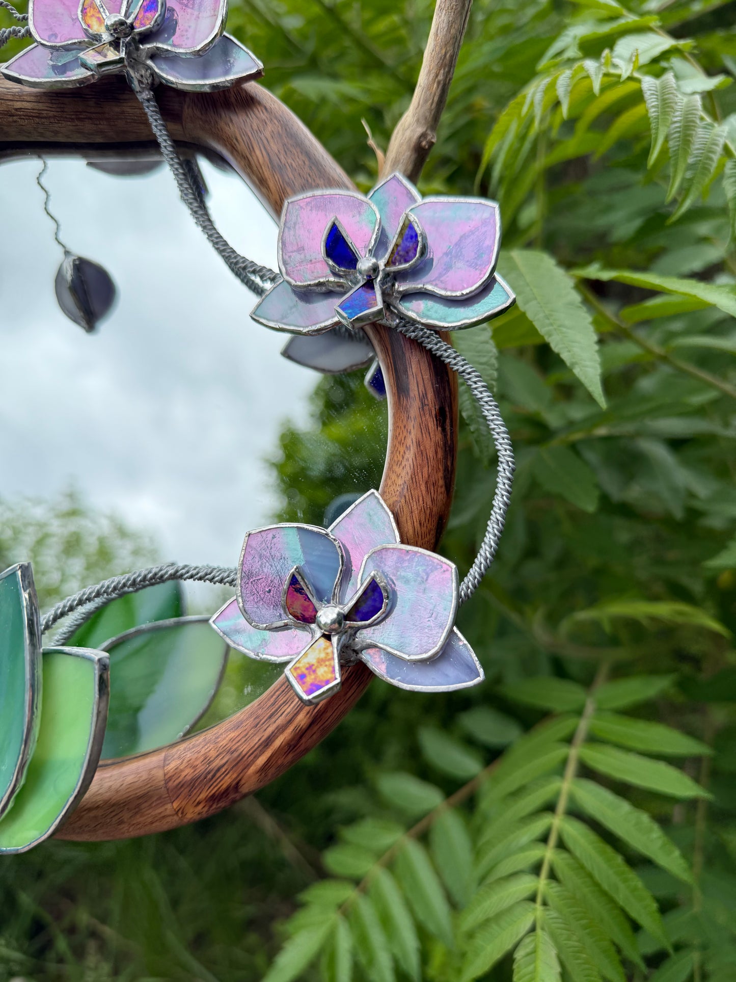 " . Amethyst & Lilac luminescent Orchid Mirror”, Stained glass flower Wall decor, Suncatcher, Home wedding Decor, Christmas gift available new