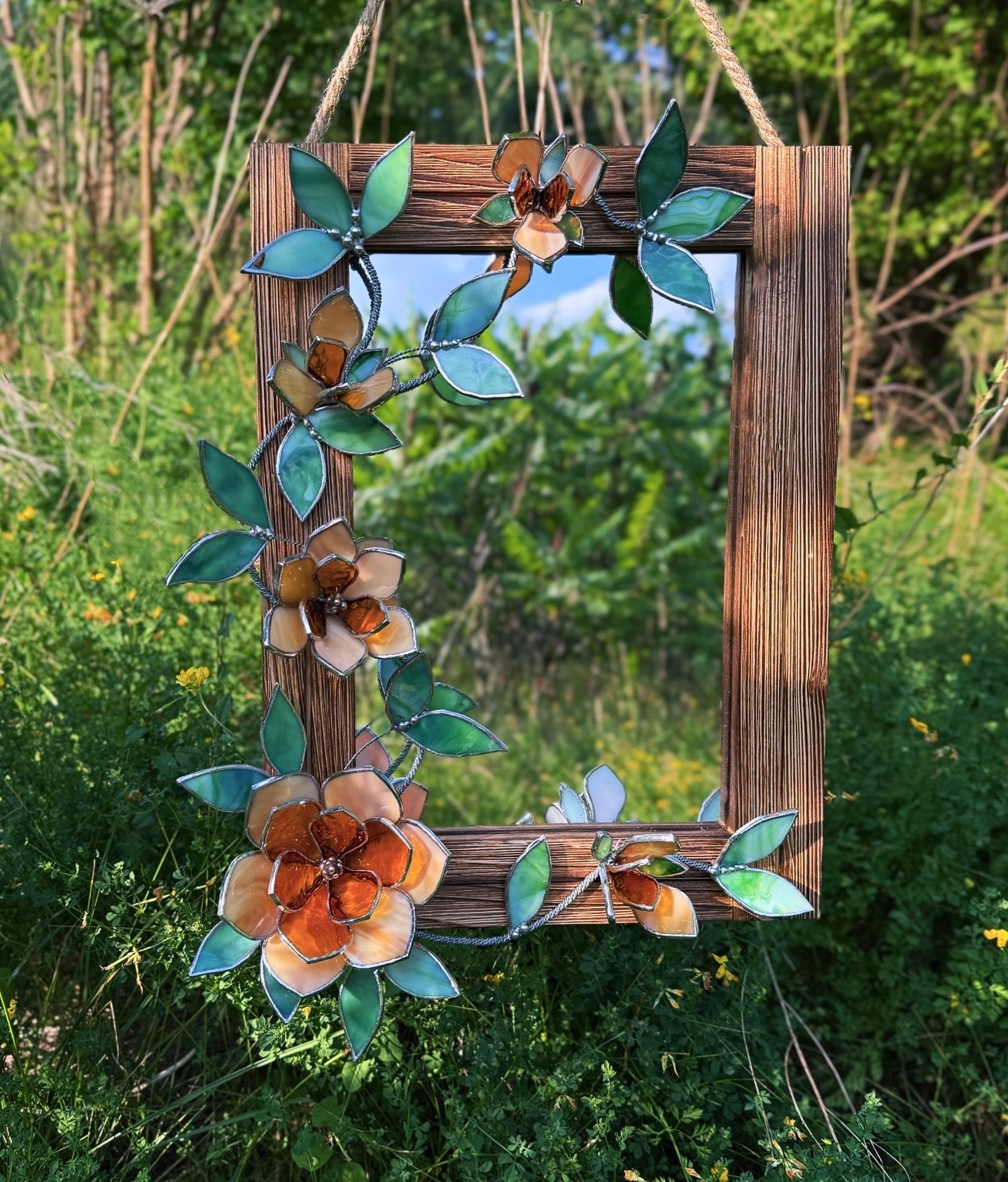 " . Amber Magnolia Flower Mirror, Stained glass Wedding Wall Decor, Christmas gift, Suncatcher