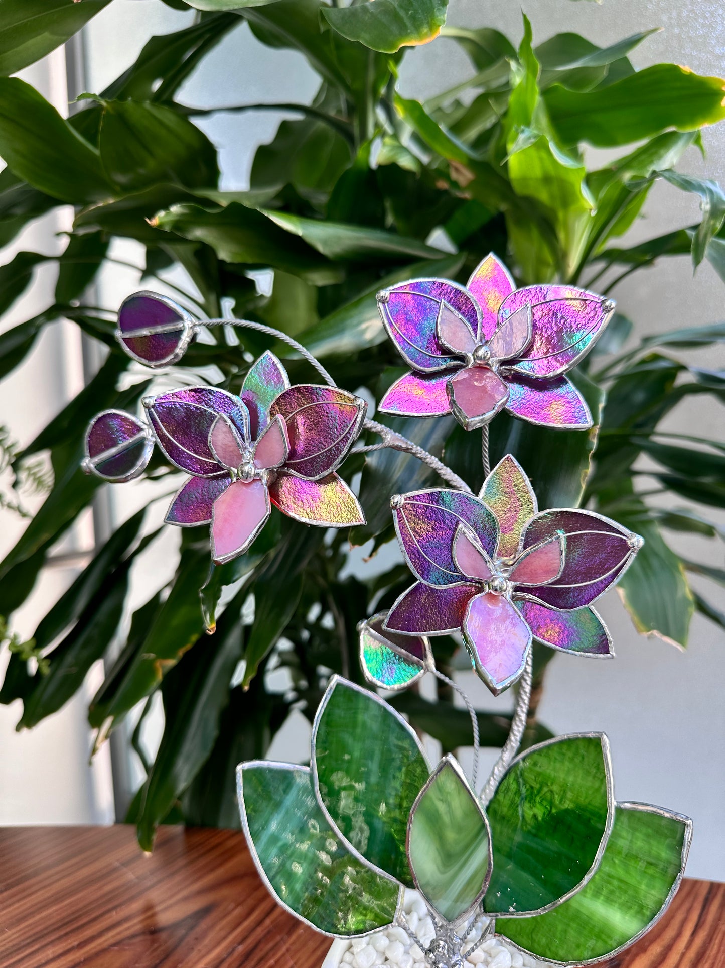 " . Mauve iridescent Butterfly Orchid 3 flowers with pot” Stained glass tropical flower 3D, Sun catcher, Table plant, Garden stick, Outdoor and gardening decor