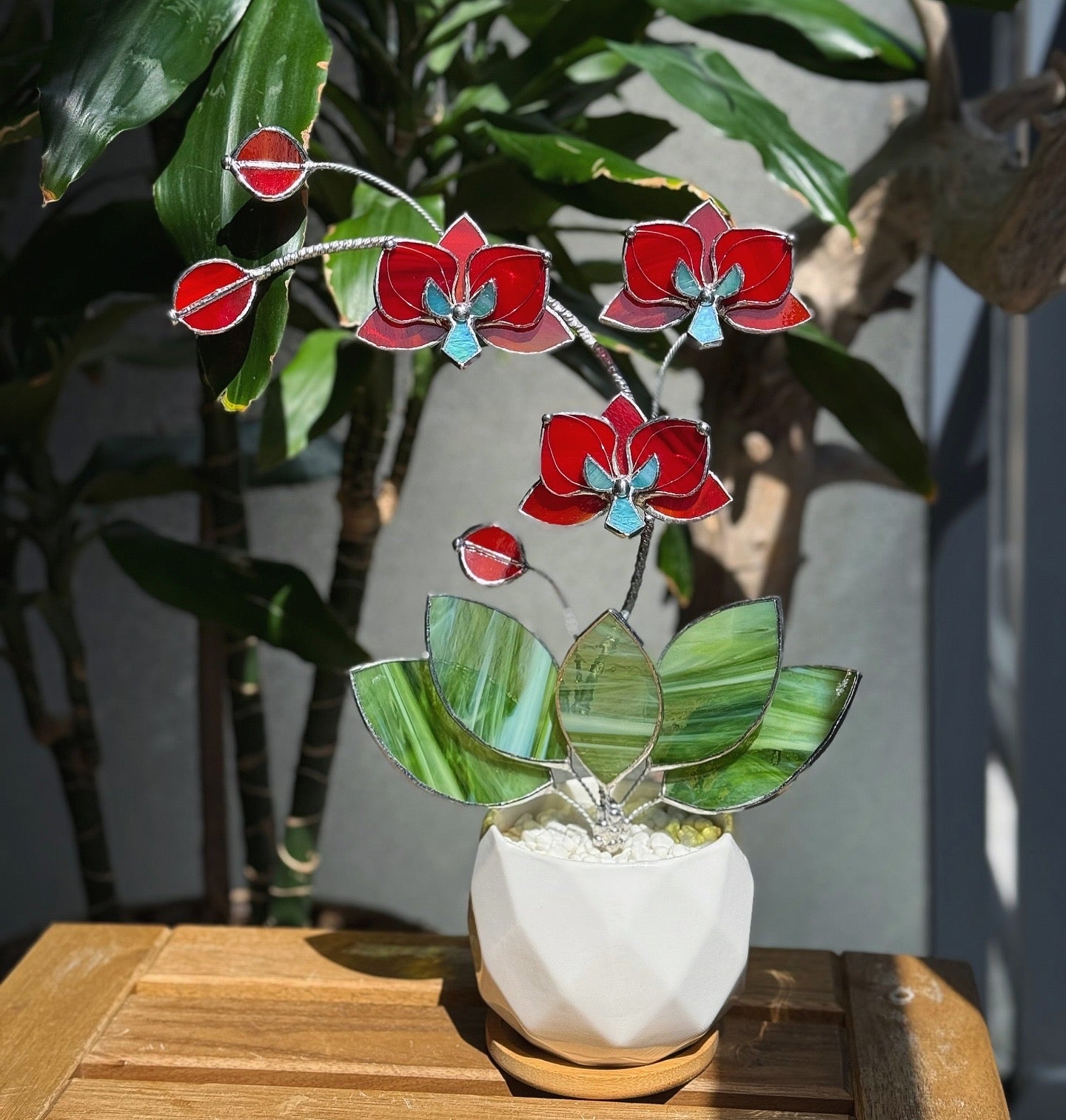 ". Ruby Red Orchid 3 flowers with pot” Stained glass tropical flower 3D, Sun catcher, Table plant decor, Garden stick, Outdoor and gardening decor