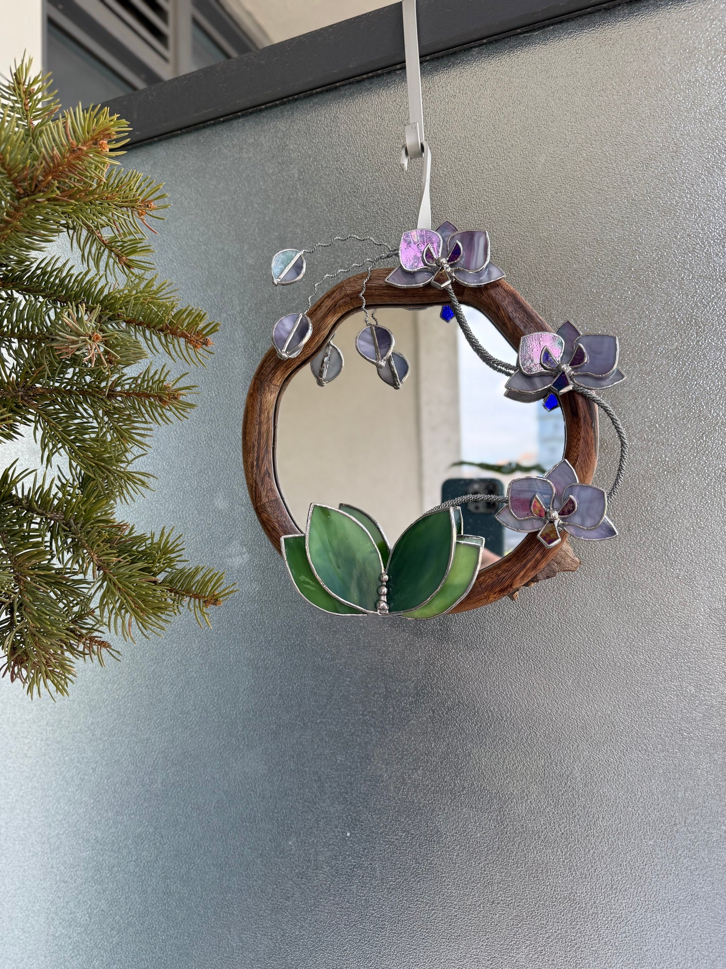 " . Amethyst & Lilac luminescent Orchid Mirror”, Stained glass flower Wall decor, Suncatcher, Home wedding Decor, Christmas gift available new