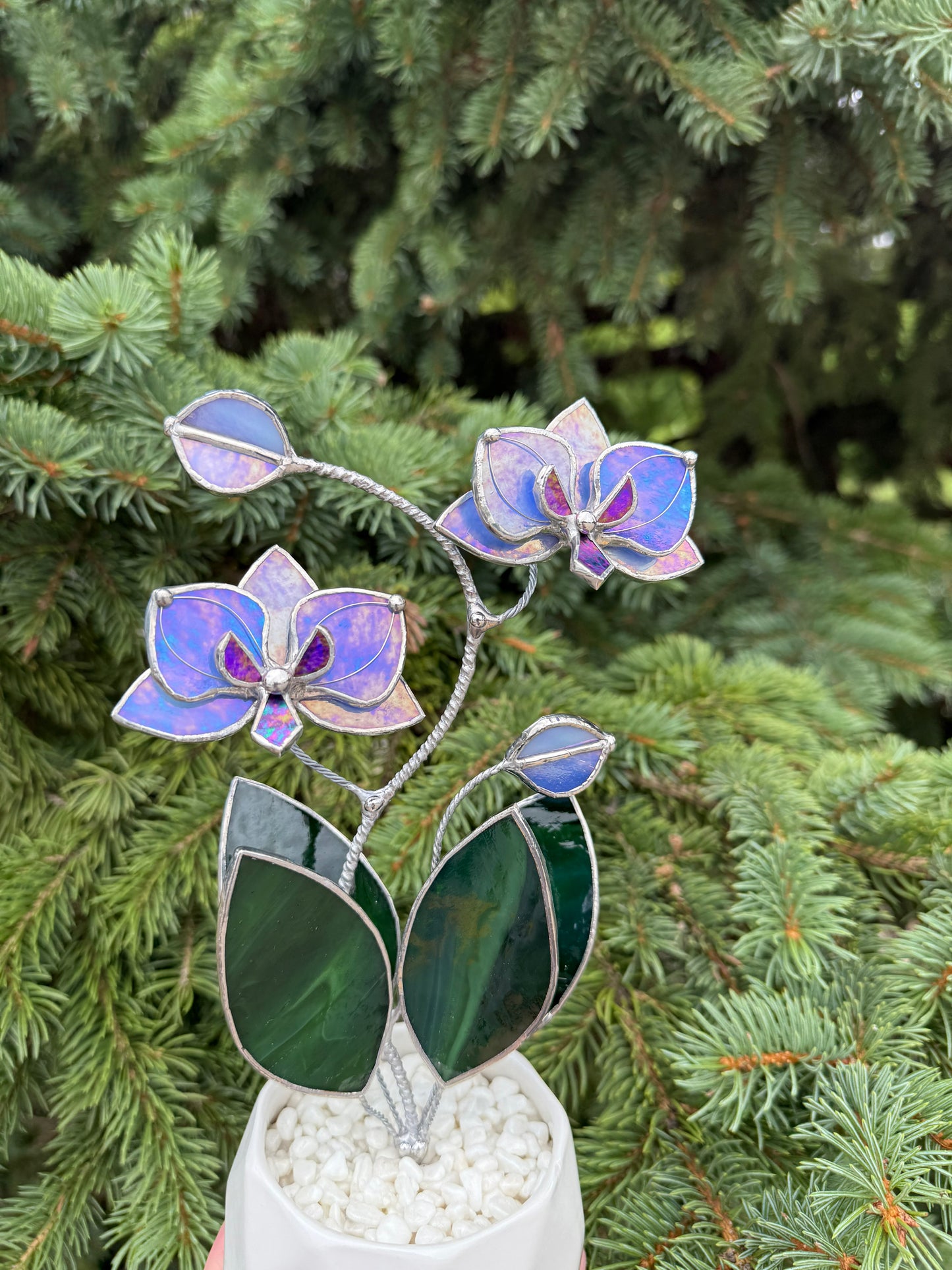 " . Blue Lavender Orchid, 2 flowers with pot” Stained glass tropical flower 3D, Suncatcher, Table plant decor