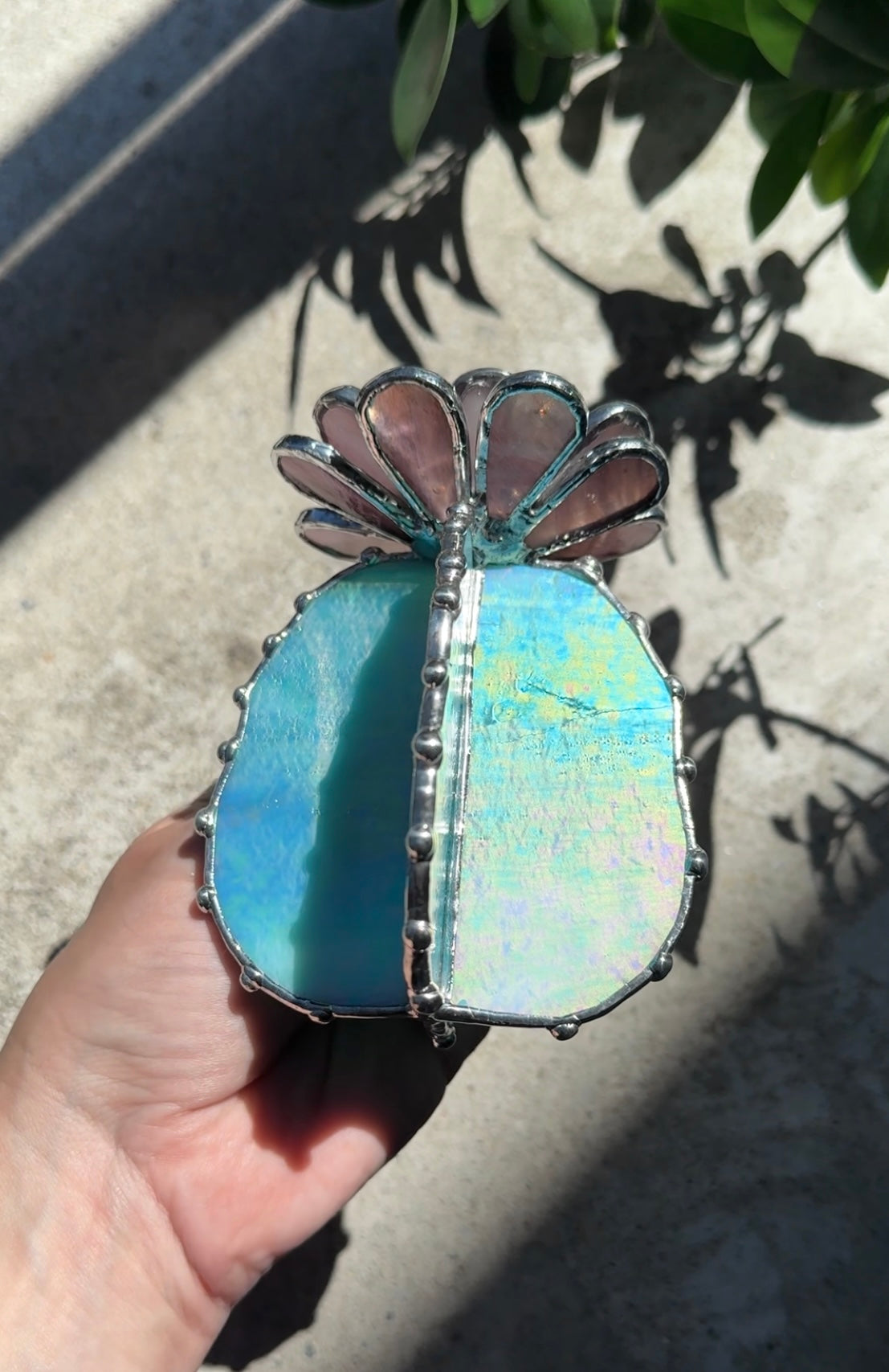 "Cactus XL Purple Turquoise Iridescent", Stained glass Succulent 3D, Cacti, house plant for flower pot, Sun catcher, glass art