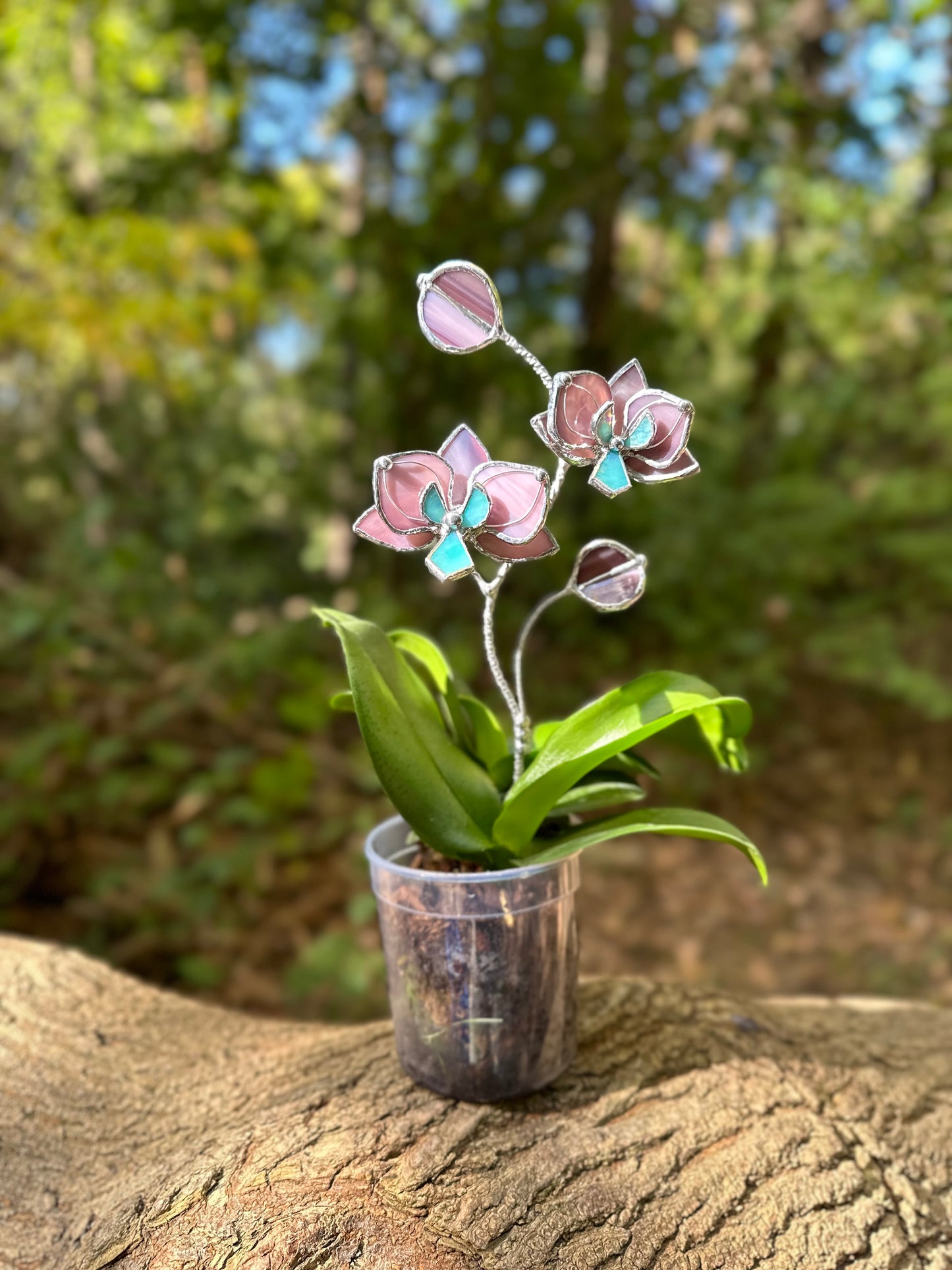 " . Dusty Rose Orchid flower stick, Plant stake 2 flowers no pot” Stained glass tropical flower 3D, Sun catcher, Table plant, Garden stick, Outdoor and gardening decor