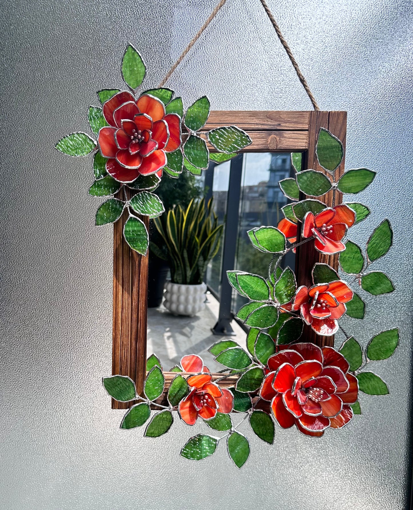 " .Flower Mirror Red Roses, Stained glass Wedding Wall Decor Christmas gift, Suncatcher, available