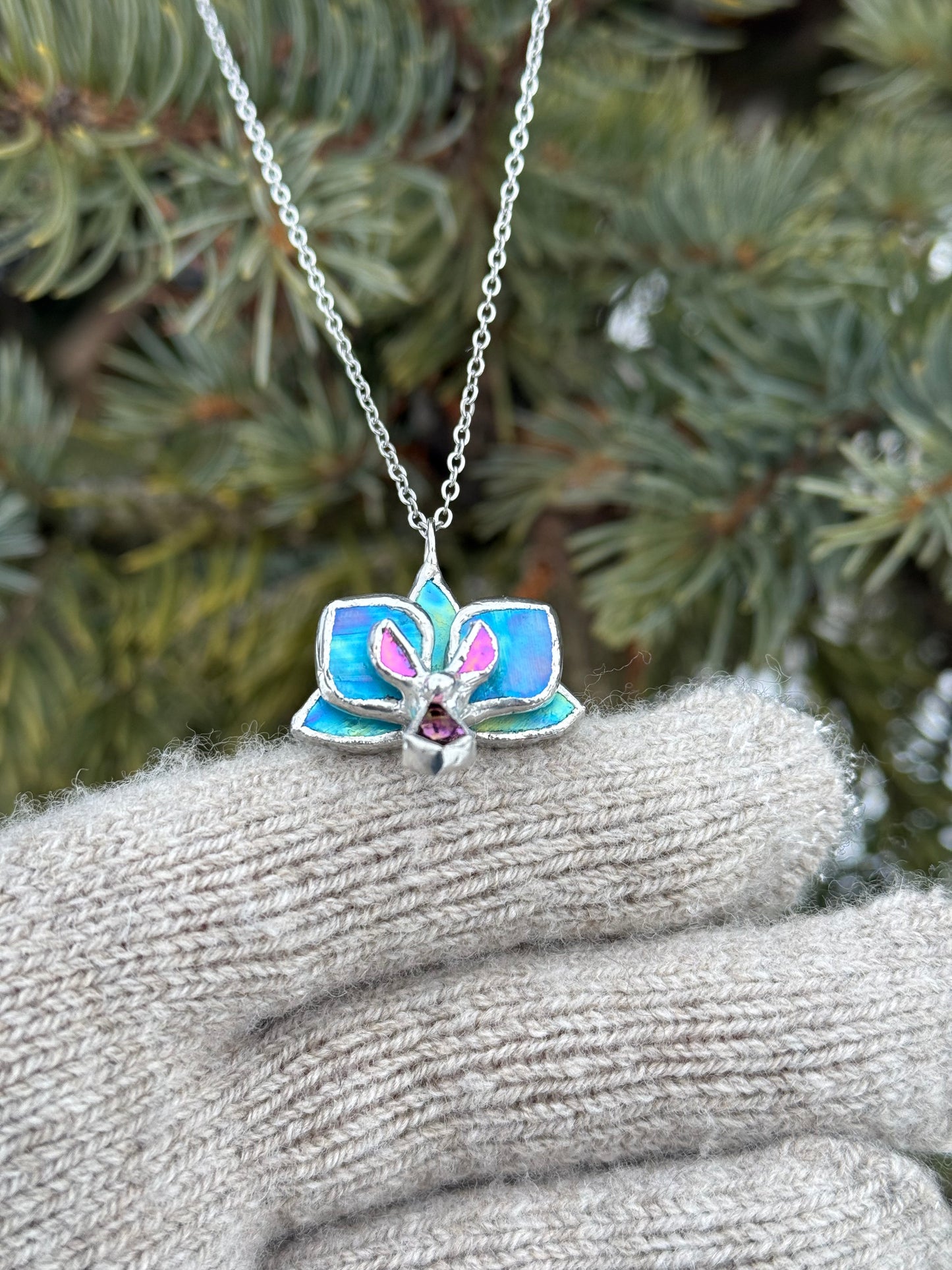 " . Necklace Orchid Sky Blue iridescent Necklace” Stained glass tropical flower 3D, art jewelry