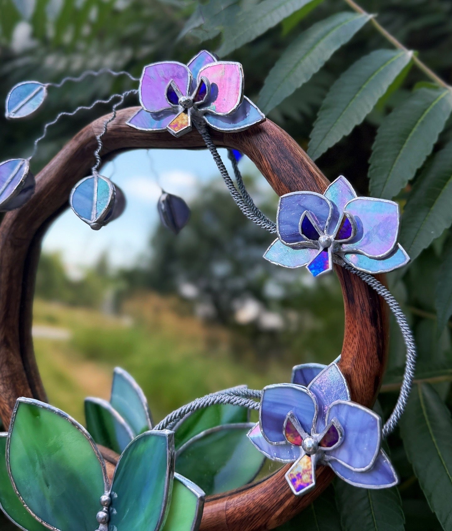 " . Amethyst & Lilac luminescent Orchid Mirror”, Stained glass flower Wall decor, Suncatcher, Home wedding Decor, Christmas gift available new