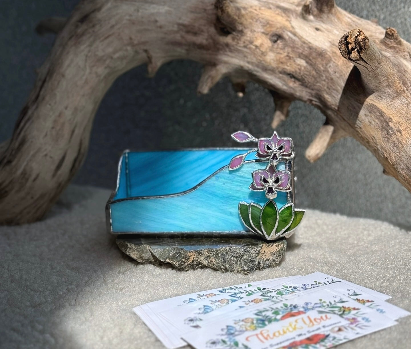 " . CHOOSE COLOR Business Card Holder with orchid”, stained glass art, floral decor, wedding decorations, interior, Mother’s Day gift