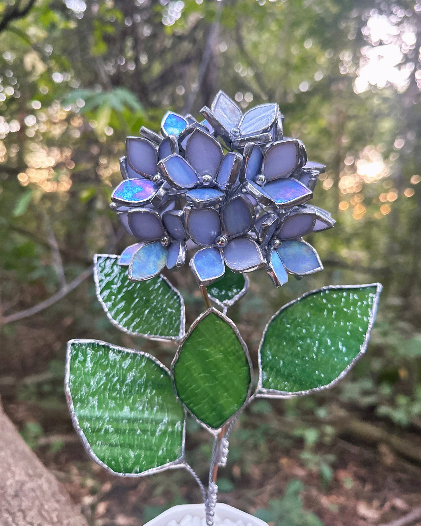 " . Lavender blue Hydrangea bunch iridescent in the pot”, Stained glass tropical flower 3D, Sun catcher, Table plant, Garden stick, Outdoor and gardening decor