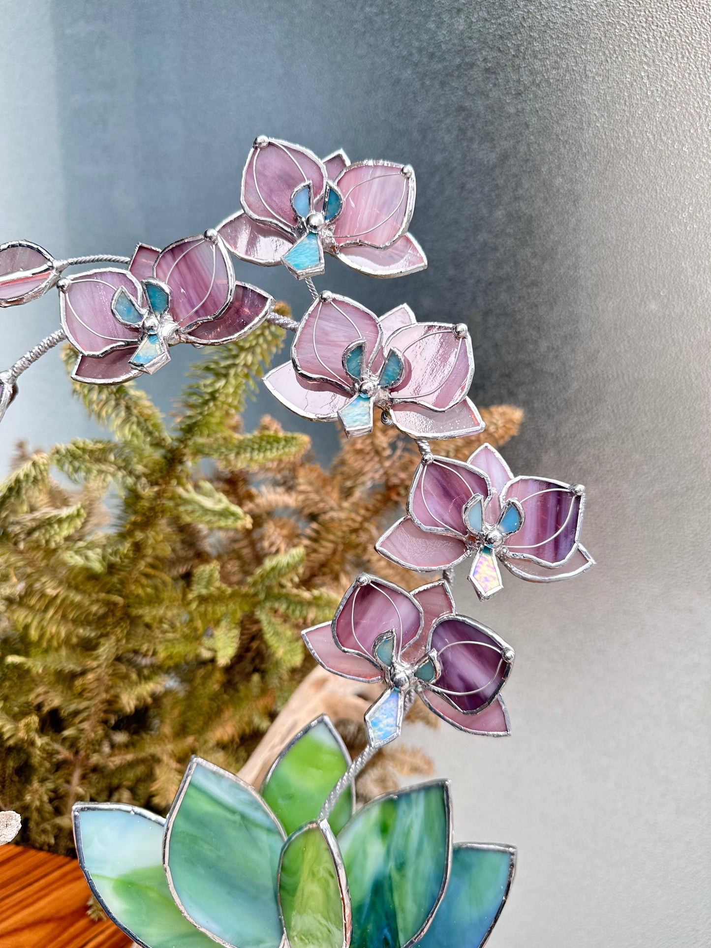 " . Dusty Rose translucent Orchid 5 flowers with pot" Stained glass tropical flower 3D, Sun catcher, Table plant, Garden stick, wedding decor, Christmas gift