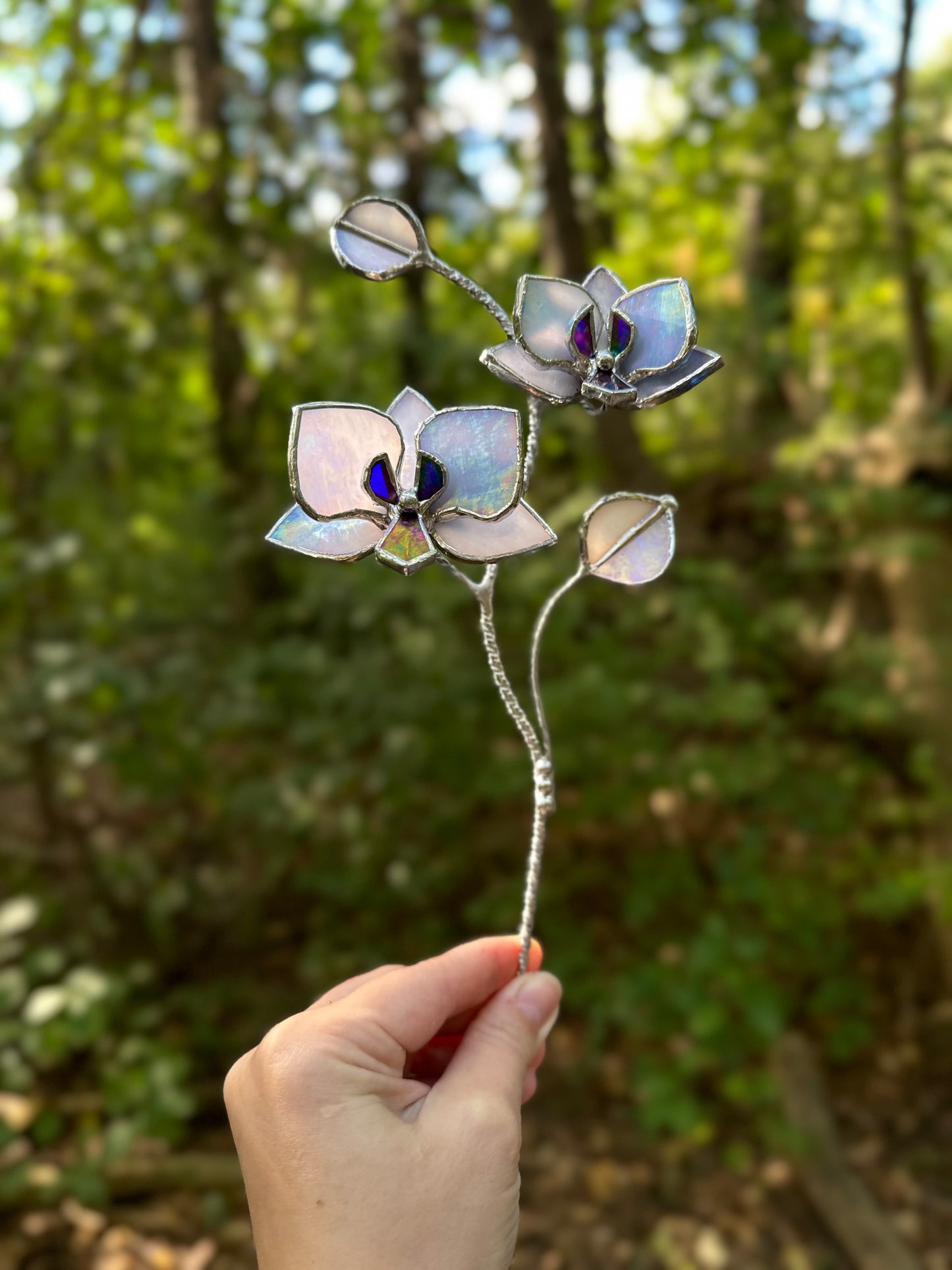 " . CHOOSE COLOR Orchid flower stick, Plant stake 2 flowers no pot” Stained glass tropical flower 3D, Sun catcher, Table plant, Garden stick, Outdoor and gardening decor