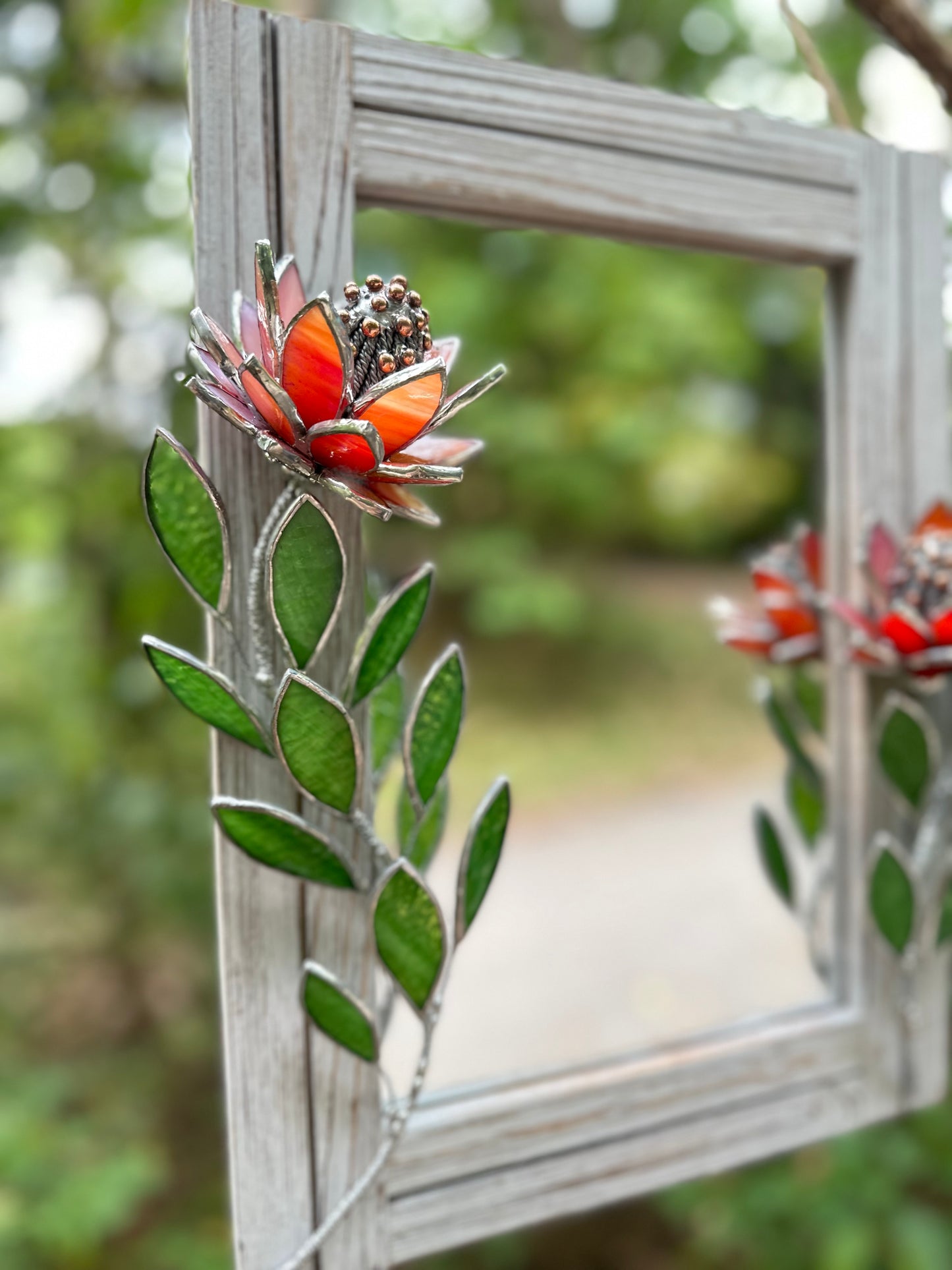 " . Red iridescent Protea Flower Mirror, Stained glass Wedding Wall Decor, Christmas gift, Suncatcher, available sale